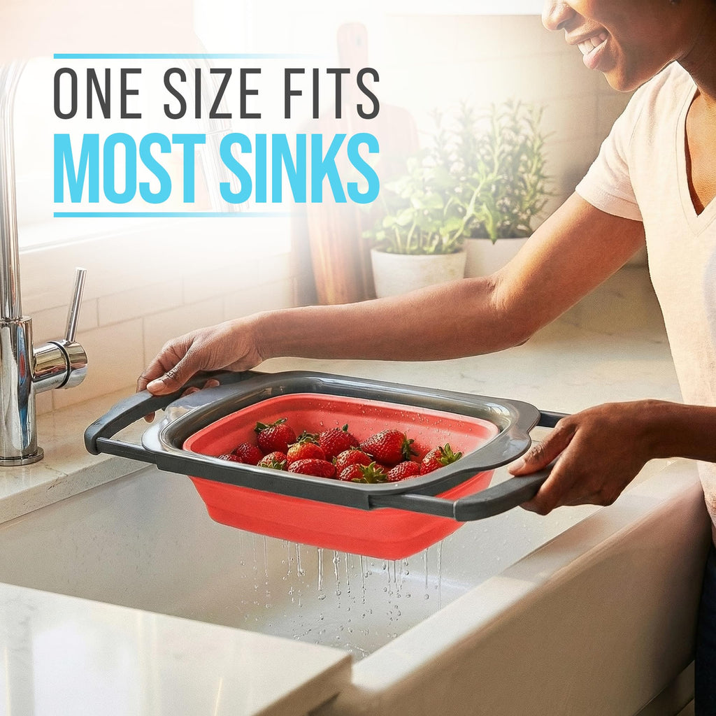 Comfify Over-the-Sink Colander with Handles – Sleek Plastic Black Kitchen Strainer for Pasta, Vegetables & Fruits – Space-Saving Design – 17.1 x 10.2 x 1.75 Inches