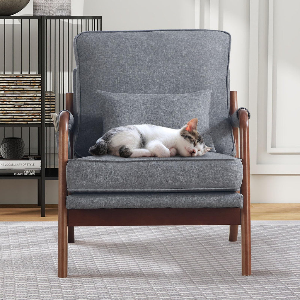 ANJ Mid Century Modern Accent Chair, Comfy Fabric Living Room Chairs with Solid Wood Frame, Lounge Reading Armchair, Easy Assembly, Beige