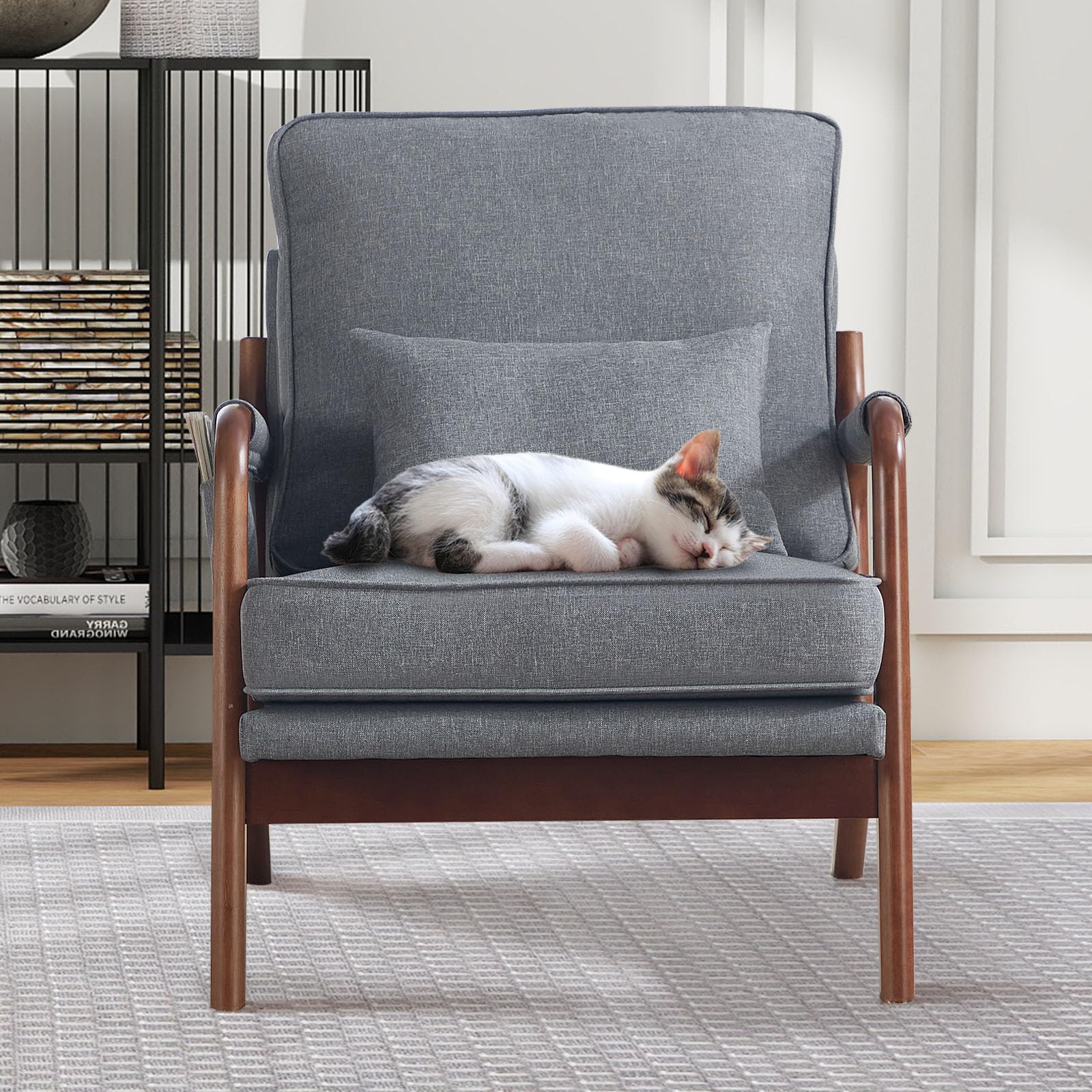 ANJ Mid Century Modern Accent Chair, Comfy Fabric Living Room Chairs with Solid Wood Frame, Lounge Reading Armchair, Easy Assembly, Beige