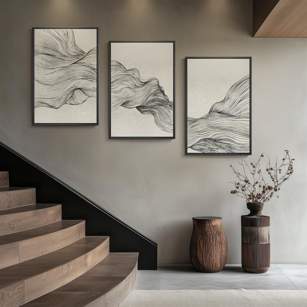 Framed Black and White Modern Abstract Wall Art, 3 Piece Canvas Prints Paintings Artwork for Walls, Minimalist Black White Grey Pictures for Living Room Dining Room Bedroom Office Wall Decor 16x24 In
