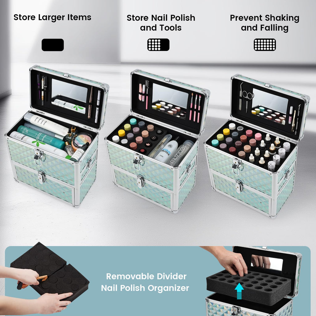 Frenessa Nail Polish Makeup Train Case with Drawer and Dividers Manicure Organizer Accessory Storage Makeup Box With Mirror Lockable Keys Nail Kit Organizer Cosmetic Case Jewelry Box - Black