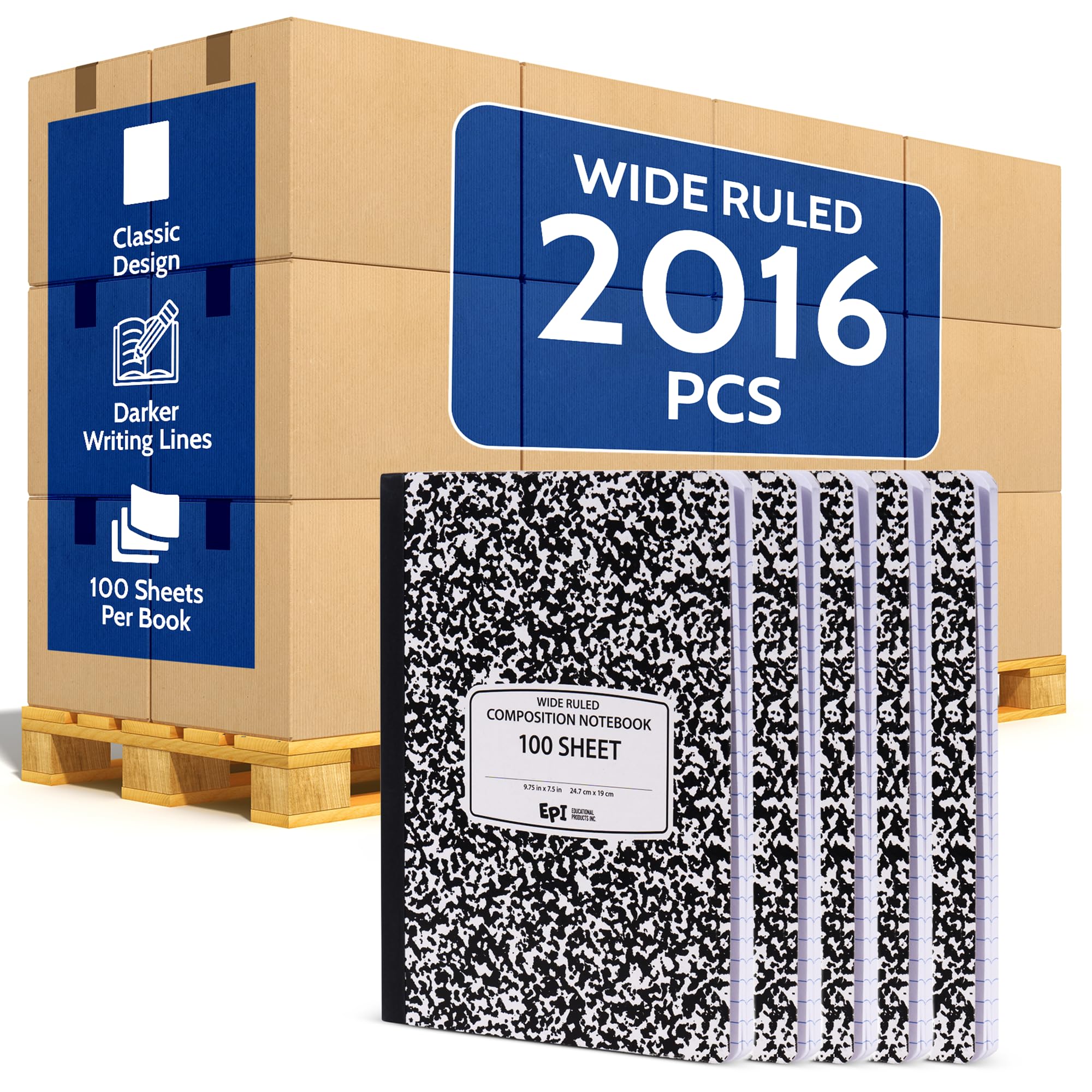 3 Pack - EPI Marble Hardcover Wide Ruled Composition Notebook | 200 Pages (100 Sheets), 9.75 x 7.5 in, Sturdy Sewn Binding | School, Office, Journaling, Notes