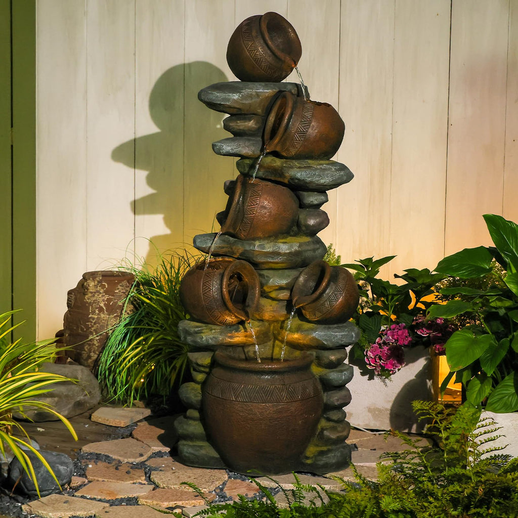 Bumilgar 2-Tier Bowl Water Fountain with LED Lights, 27.95" Tall Freestanding Outdoor & Indoor Garden Waterfall Fountain for Yard, Patio, Backyard, Floor Standing Home Decor