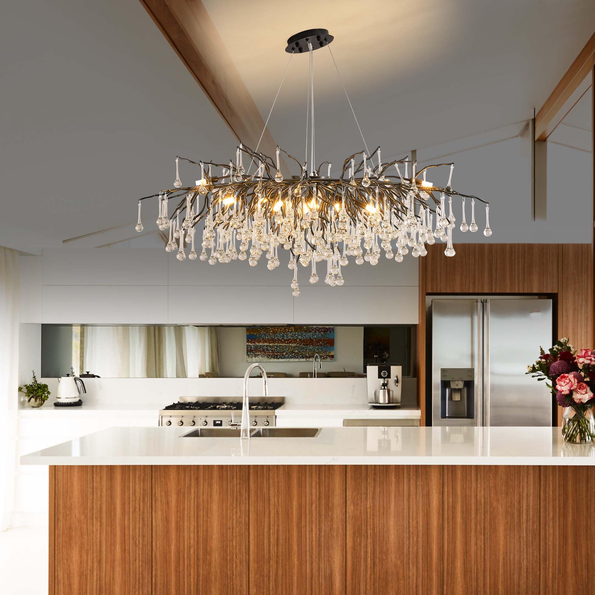 Modern Crystal Raindrop Chandelier, L40'' Black Linear Rectangle Art Deco Tree Branch Lighting Fixture for Kitchen Island Living Room Foyer Staircase 10 Lights
