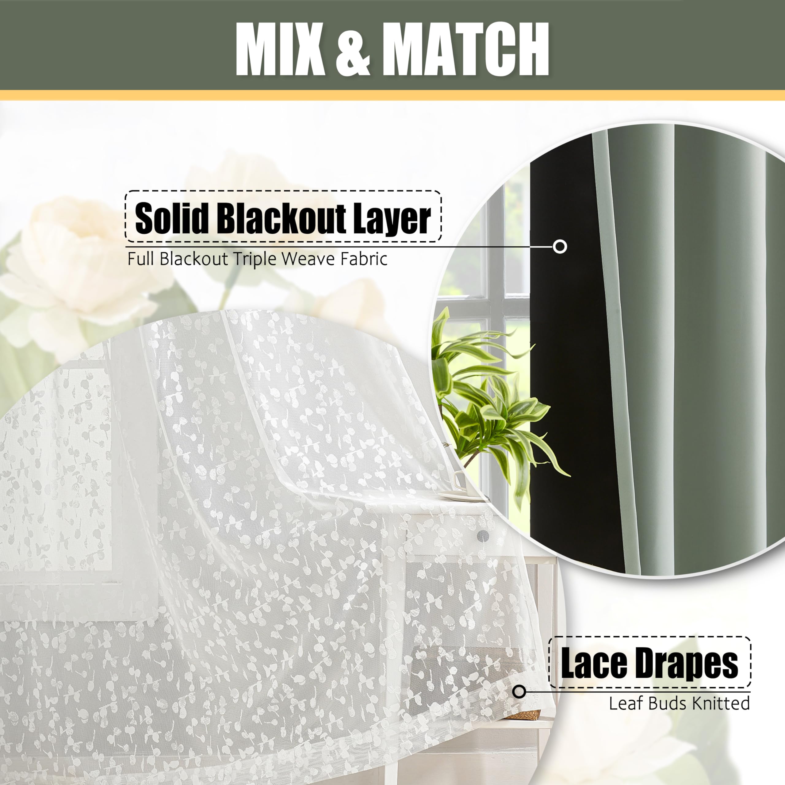 Jubilantex Full Blackout Curtains + Leaf Sheer Window Panels, Beige Mix and Match Style Double Layer Window Treatment Sets for Bedroom Living Room, 4 Panels 52" W x 63" L, Beige and White