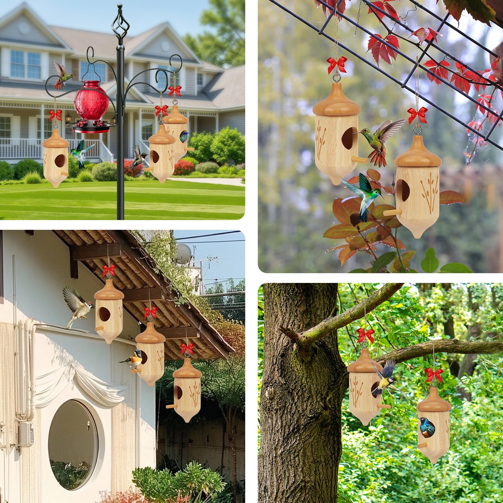 Hummingbird House, Small Hummingbird Houses for Outside, Wooden Bird House with Bow, String, Cute Gardening Gifts Home Decoration