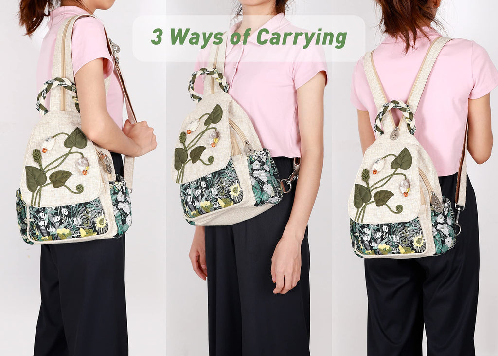 Ladys Convertible Sling Bag, Hand Craft Artisan Purse, Girls Beautiful Canvas Premium Casual Day Mini Backpack for Women (Flower Bee)