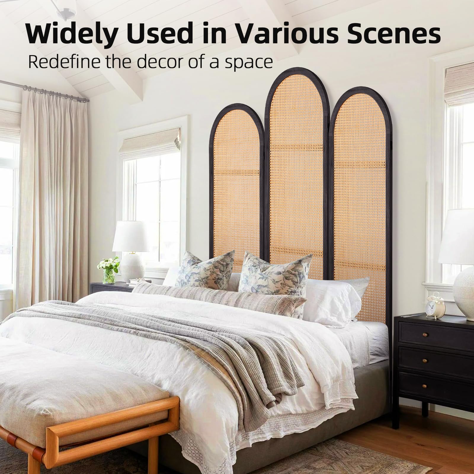Hand-Woven Rattan Room Divider 3 Panels, 5.9 Ft Tall Wood Room Divider Panel, Partition Screen Divider Wall, Folding Privacy Screen, Wall Divider for Room Separation Home Office - Black