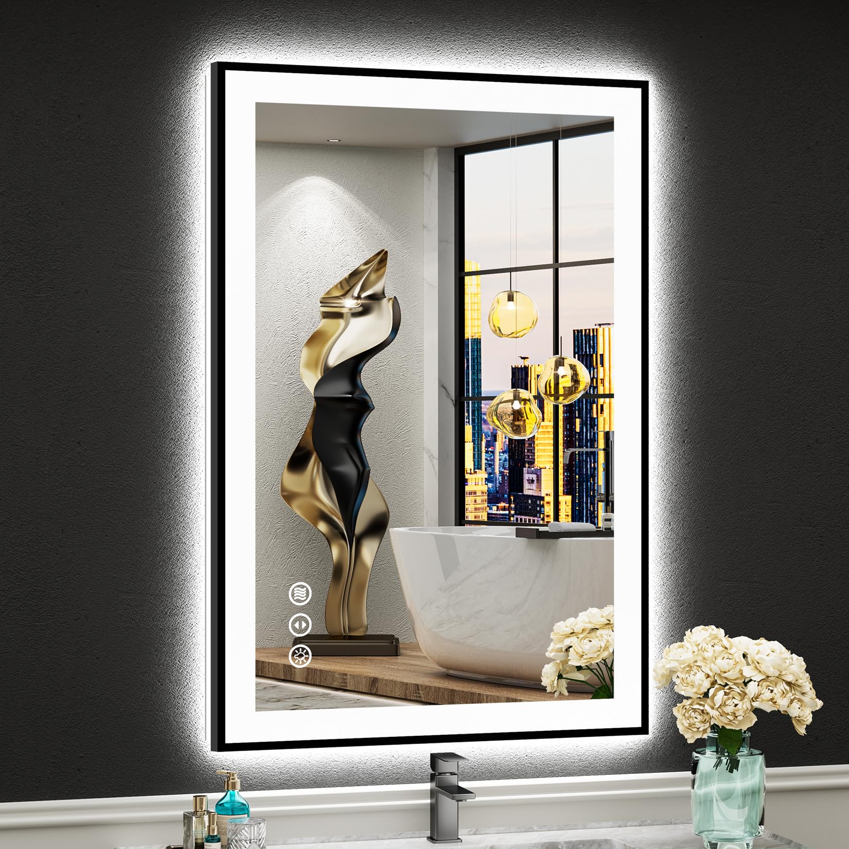 24x32 Black Framed LED Bathroom Mirror with Lights, Backlit and Front Lit Anti-Fog Lighted Vanity Mirrors for Bathroom Wall, Dimmable, 3 Colors, Memory, HD Tempered Glass, Horizontal/Vertical