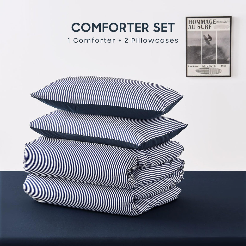 Wake In Cloud - Striped Comforter Set, Ticking Stripe Vertical Pinstripe Neutral Farmhouse Pattern Printed, Soft Lightweight Bedding, 3 Pieces, Blue White, Twin/Twin XL Size