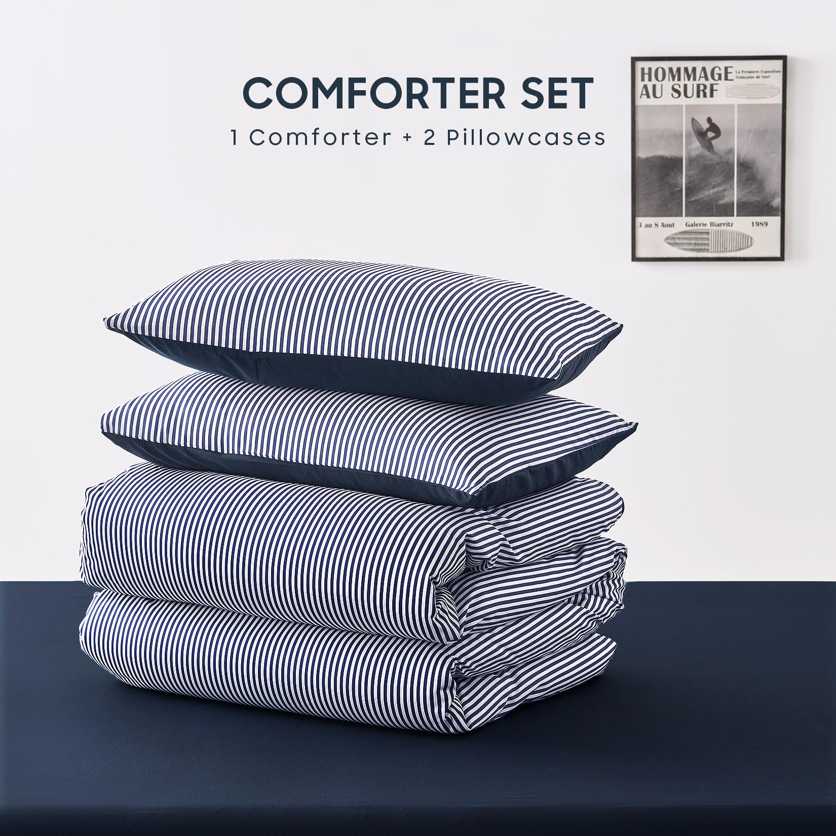 Wake In Cloud - Striped Comforter Set, Ticking Stripe Vertical Pinstripe Neutral Farmhouse Pattern Printed, Soft Lightweight Bedding, 3 Pieces, Blue White, Twin/Twin XL Size
