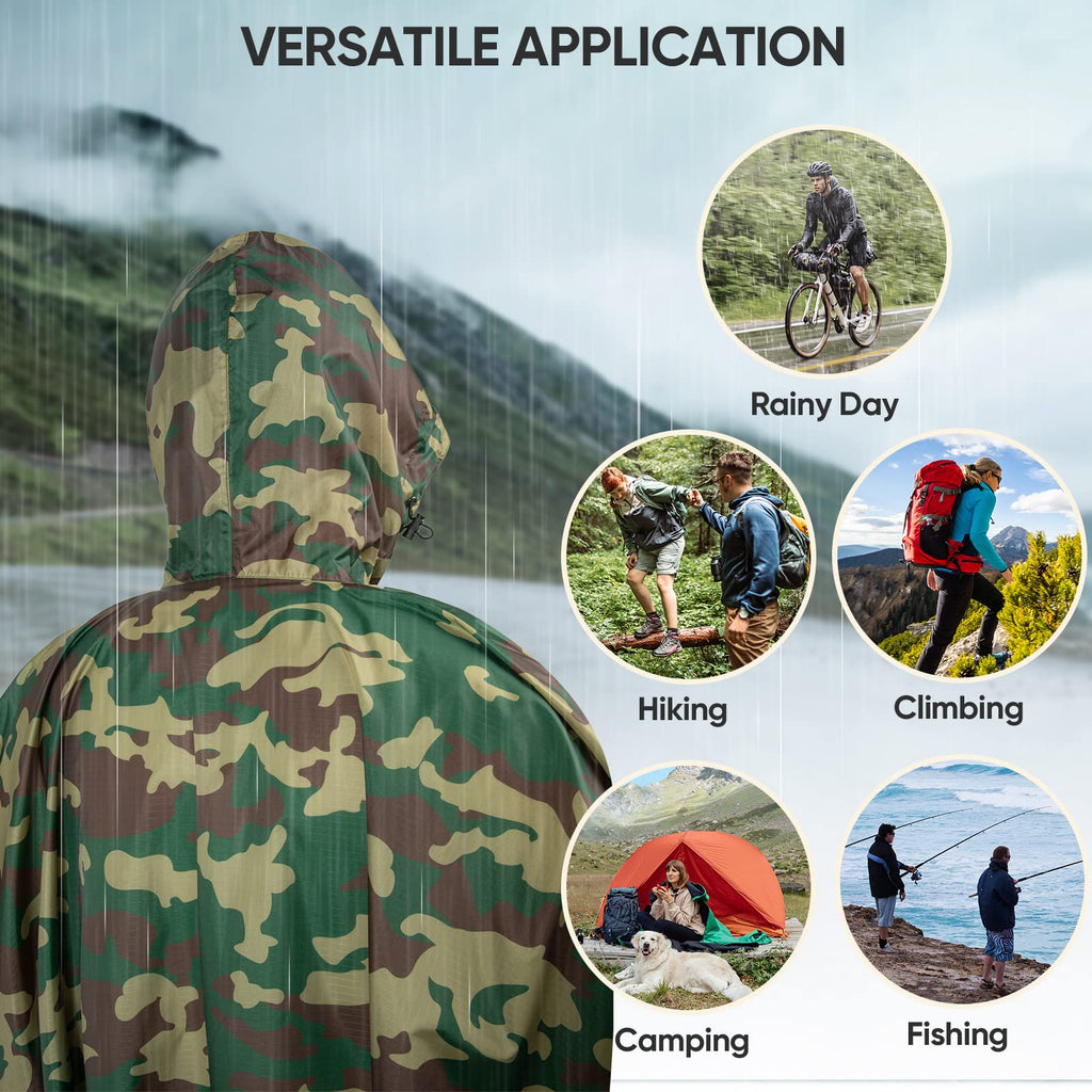 PTEROMY 3-in-1 Hooded Rain Poncho for Adult with Pocket, Waterproof Lightweight Unisex Raincoat for Hiking Camping Emergency