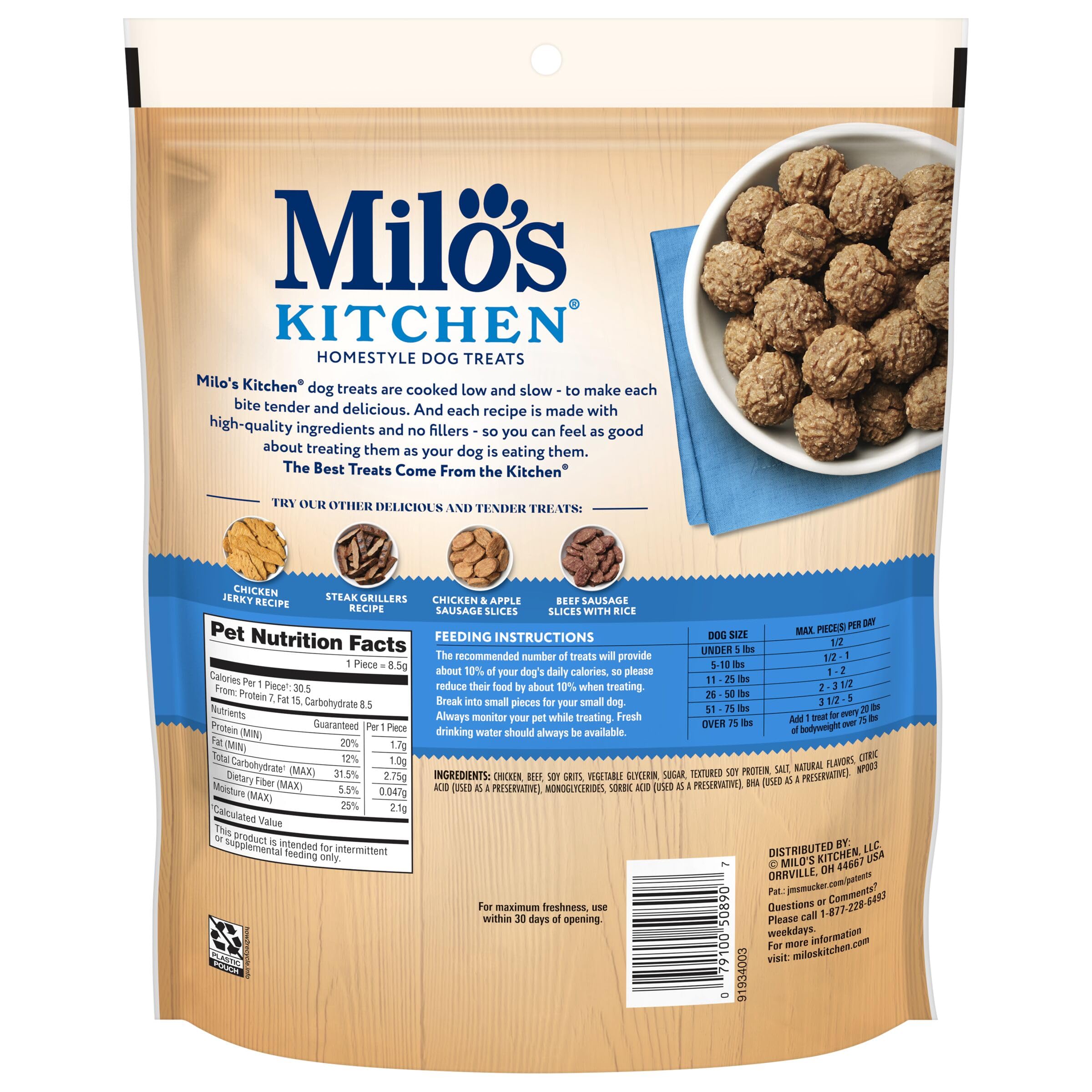 Milo's Kitchen Homestyle Dog Treats, Beef Sausage Slices, 10 Ounce, High Protein, No Artificial Flavors