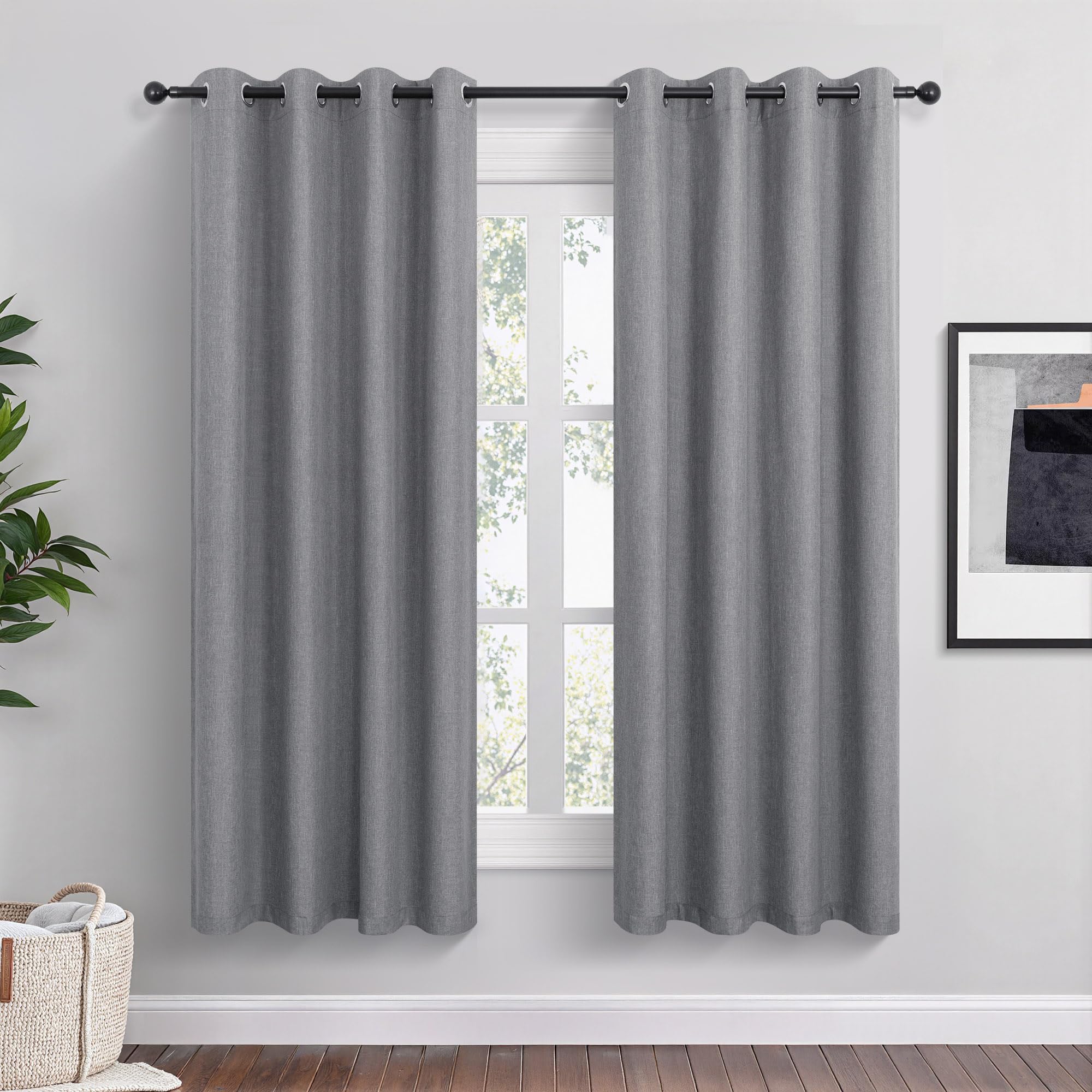 Short Small Linen Blackout Curtains 54 Inch Length 2 Panels Set for Bedroom Living Room Grommet 100% Black Out Linen Drapes Room Darkening Window Curtains 54 Inches Long Dark Gray