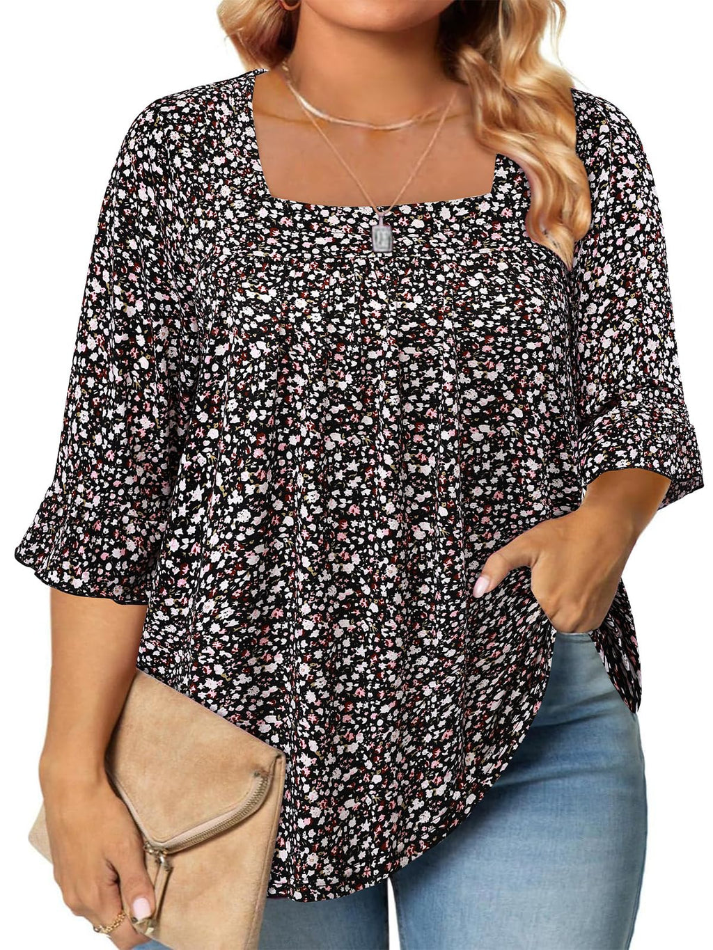 Siddhe Womens Plus Size Tops Loose Fit 3/4 Ruffle Sleeve Blouses Square Neck T Shirt Casual Tunic Tops(1X-5X)