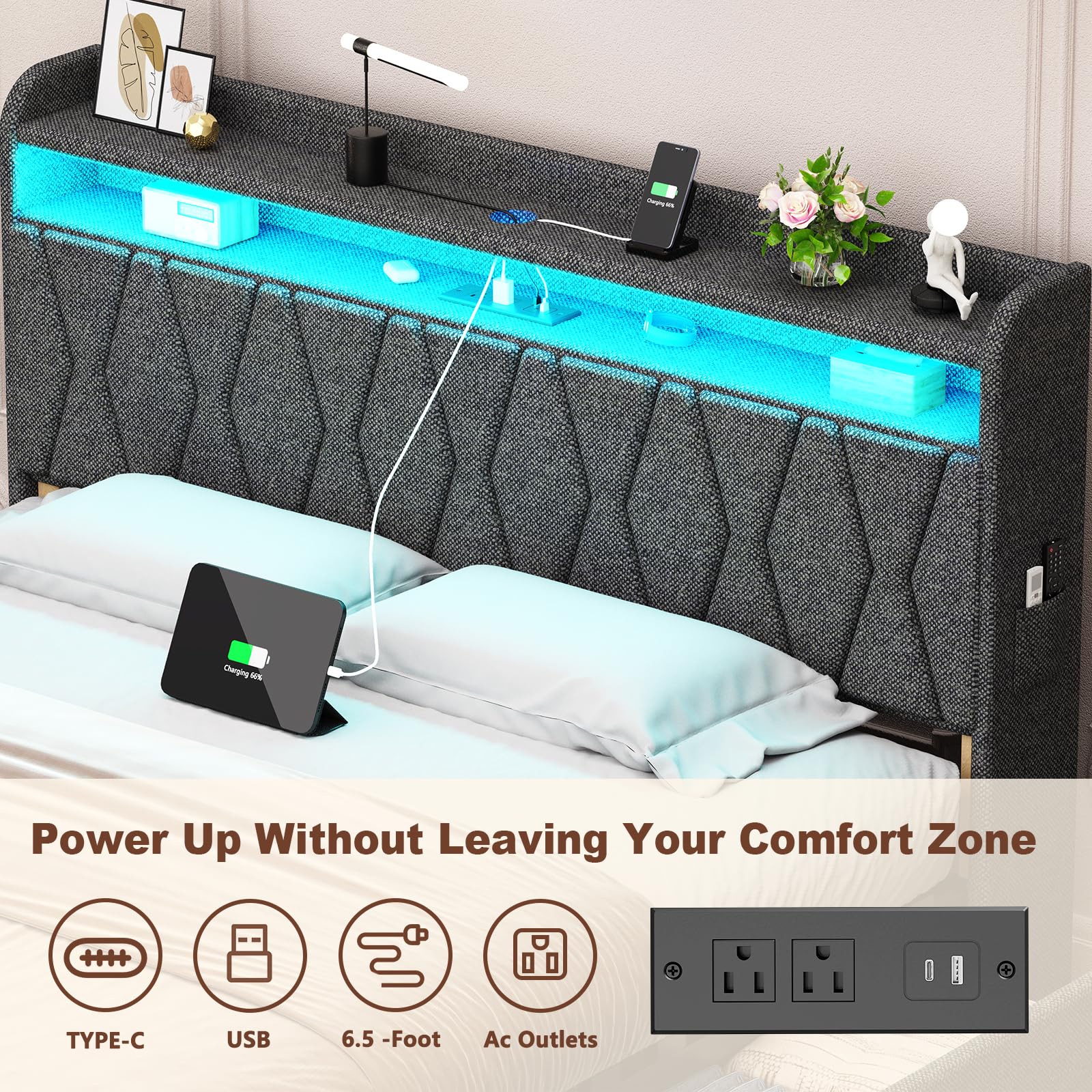 Queen Bed Frame 1500LBS Heavy Duty, 2-Tier Storage Headboard & 4 Drawers, Upholstered Metal Platform with Thicker Wooden Slats, Charging Station & LED Lights, No Box Spring Needed, Easy Assembly, Grey