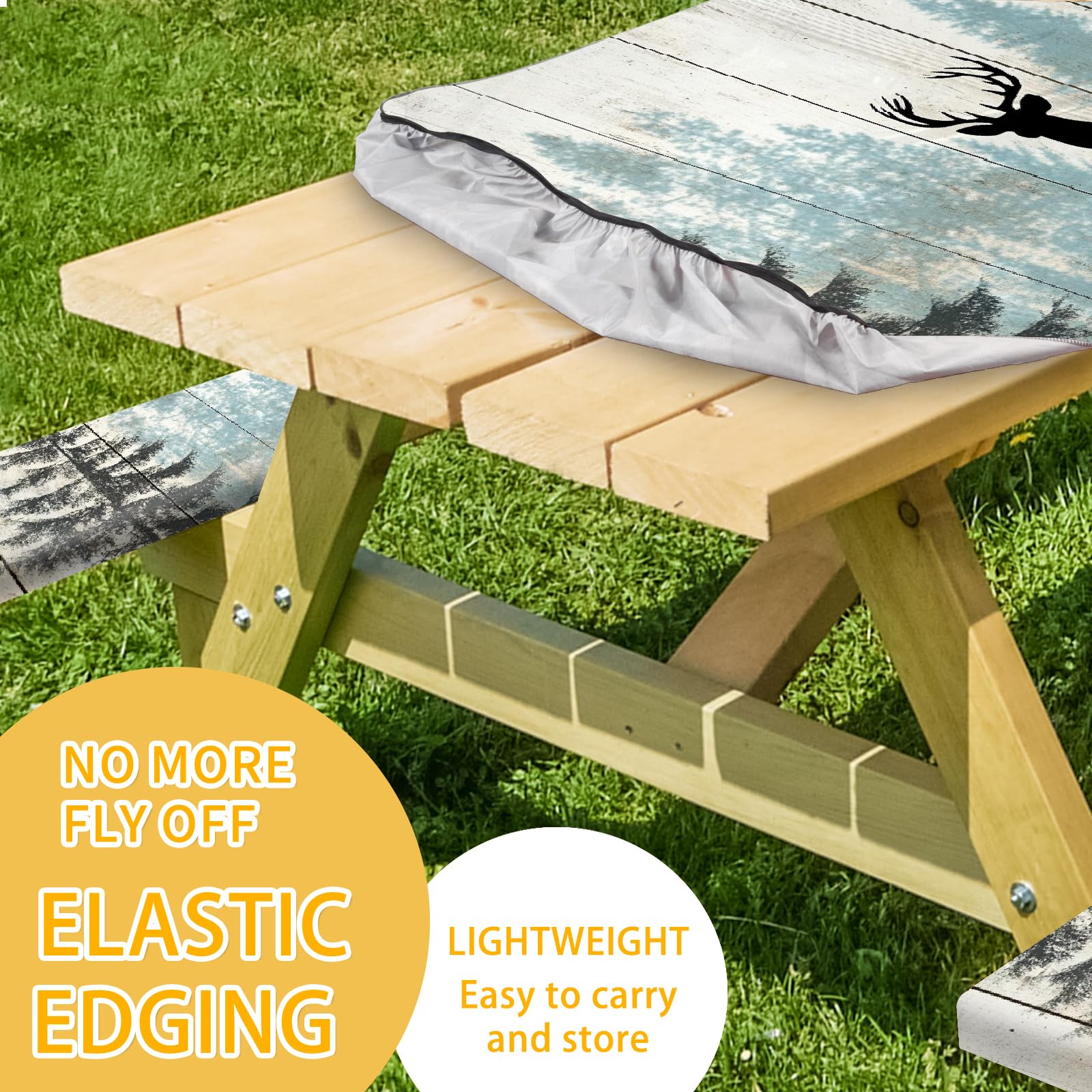 Park Picnic Table Cover with Bench Covers Lightweight Camping Essentials, Oil-Proof Waterproof 3PCS Tablecloth with Elastic, Fitted for Table 6FT Rectangle and Seats, American Flag Eagle (72x30in)