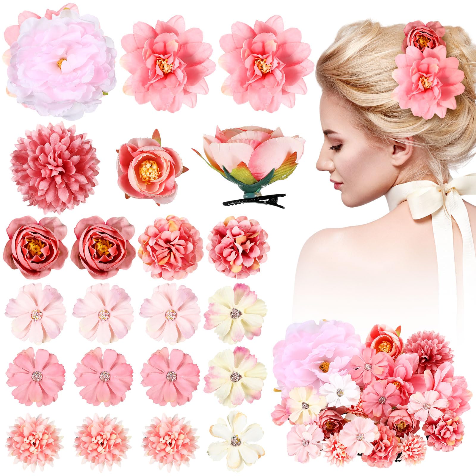 BBTO Flower Hair Clip Rose Hair Clips Barrettes for Women Flower Accessories Boho Bride Claw Clip Hairpin Brooch Pin Headpiece for Wedding(Beige Orange Series,21 Pcs)