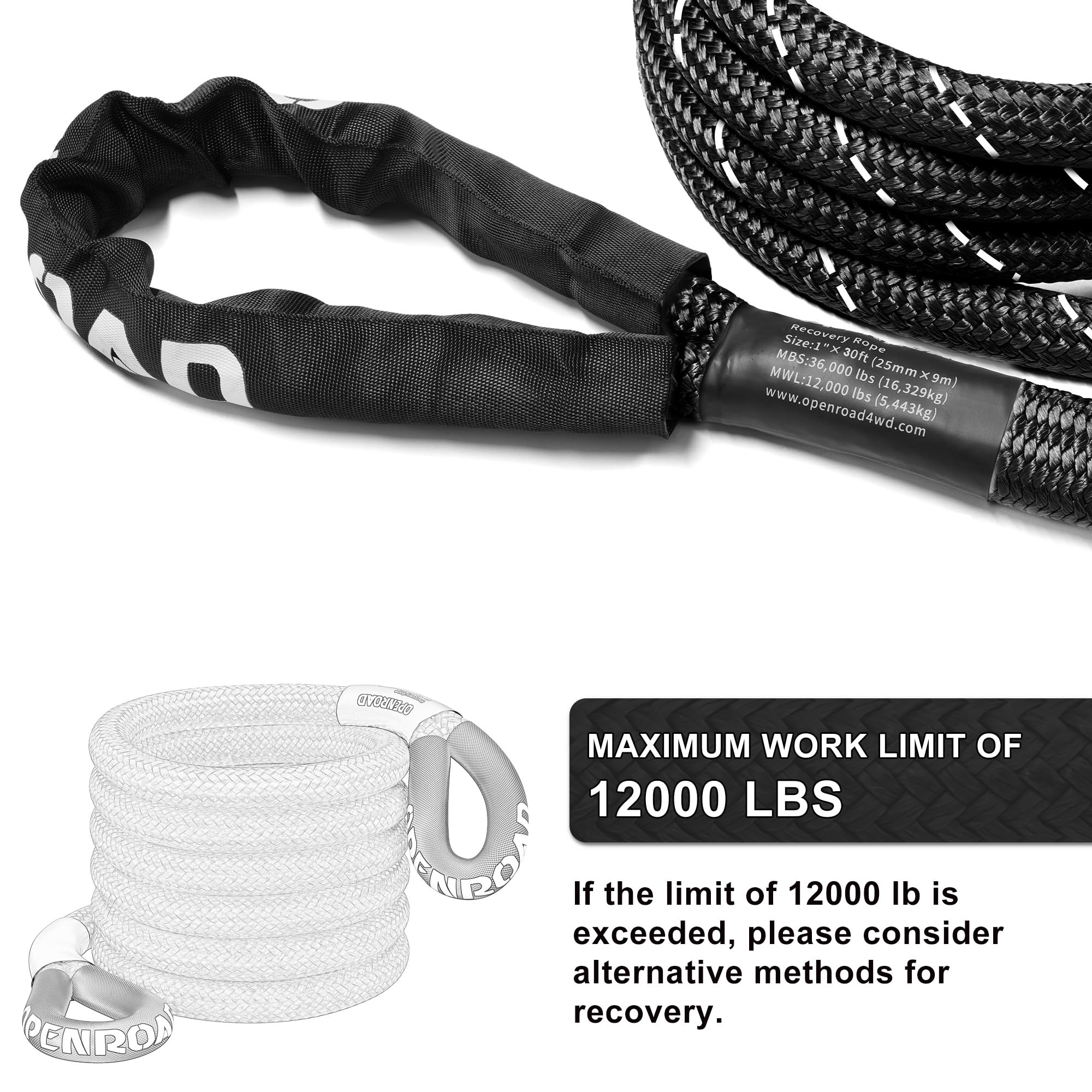 OPENROAD Kinetic Recovery Tow Rope, 4800 LBS (1in x 30ft with Soft Shackle) Extreme Duty 35% Elasticity Energy Offroad Snatch Strap, Vehicle Recovery Kit for Jeep Car Truck ATV UTV SUV