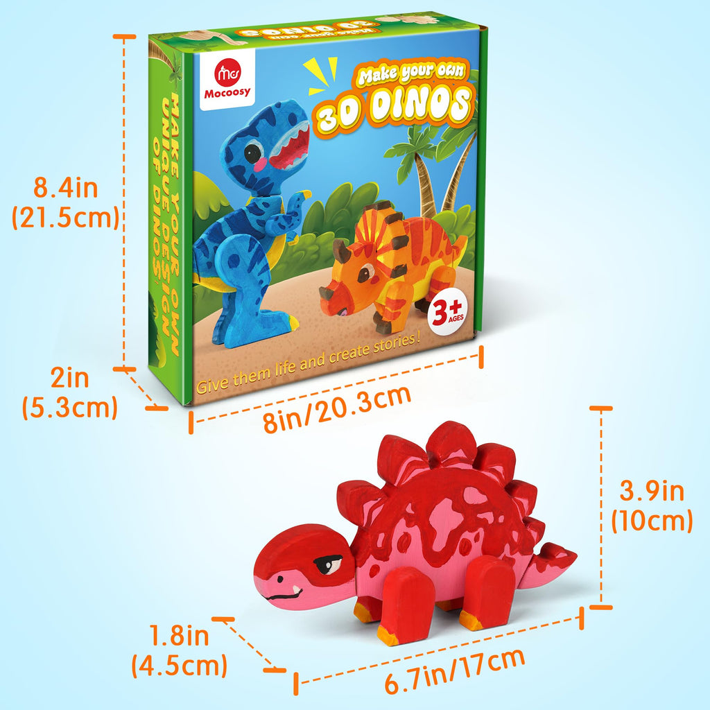 Mocoosy Wooden Dinosaur Painting Art and Craft Kit for Kids 4-8, Build & Decorate Your Own Dinos with Paint & Stickers, Wood Dinosaur Builder Game Montessoi Educational Toy Gift Toddler Boys Girls 3-5