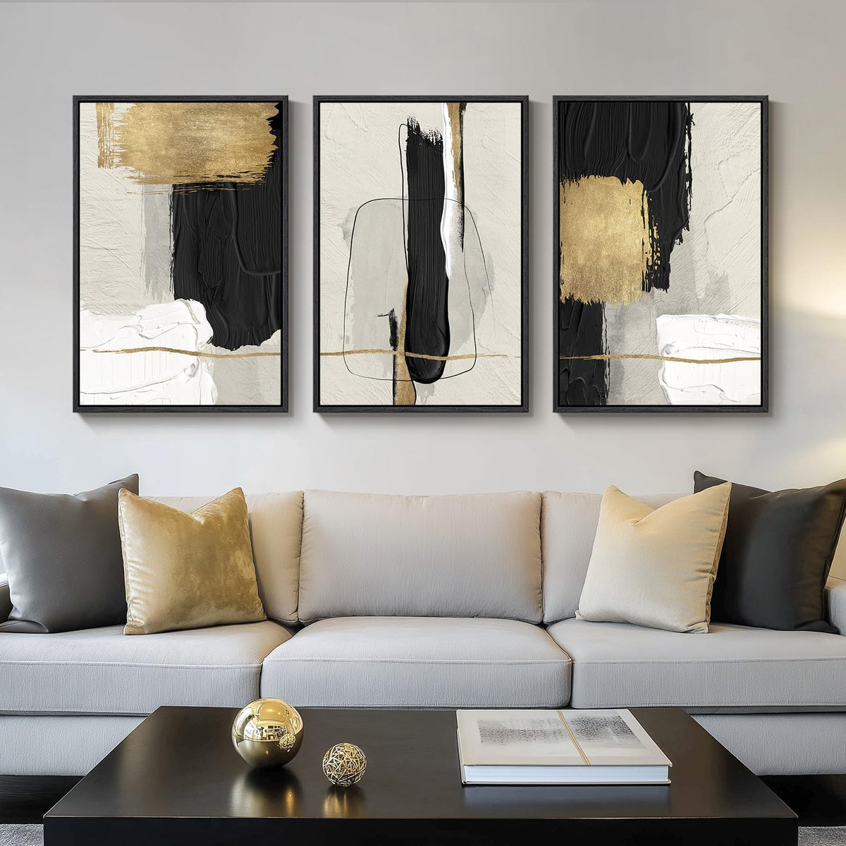 Framed Black and White Modern Abstract Wall Art, 3 Piece Canvas Prints Paintings Artwork for Walls, Minimalist Black White Grey Pictures for Living Room Dining Room Bedroom Office Wall Decor 16x24 In