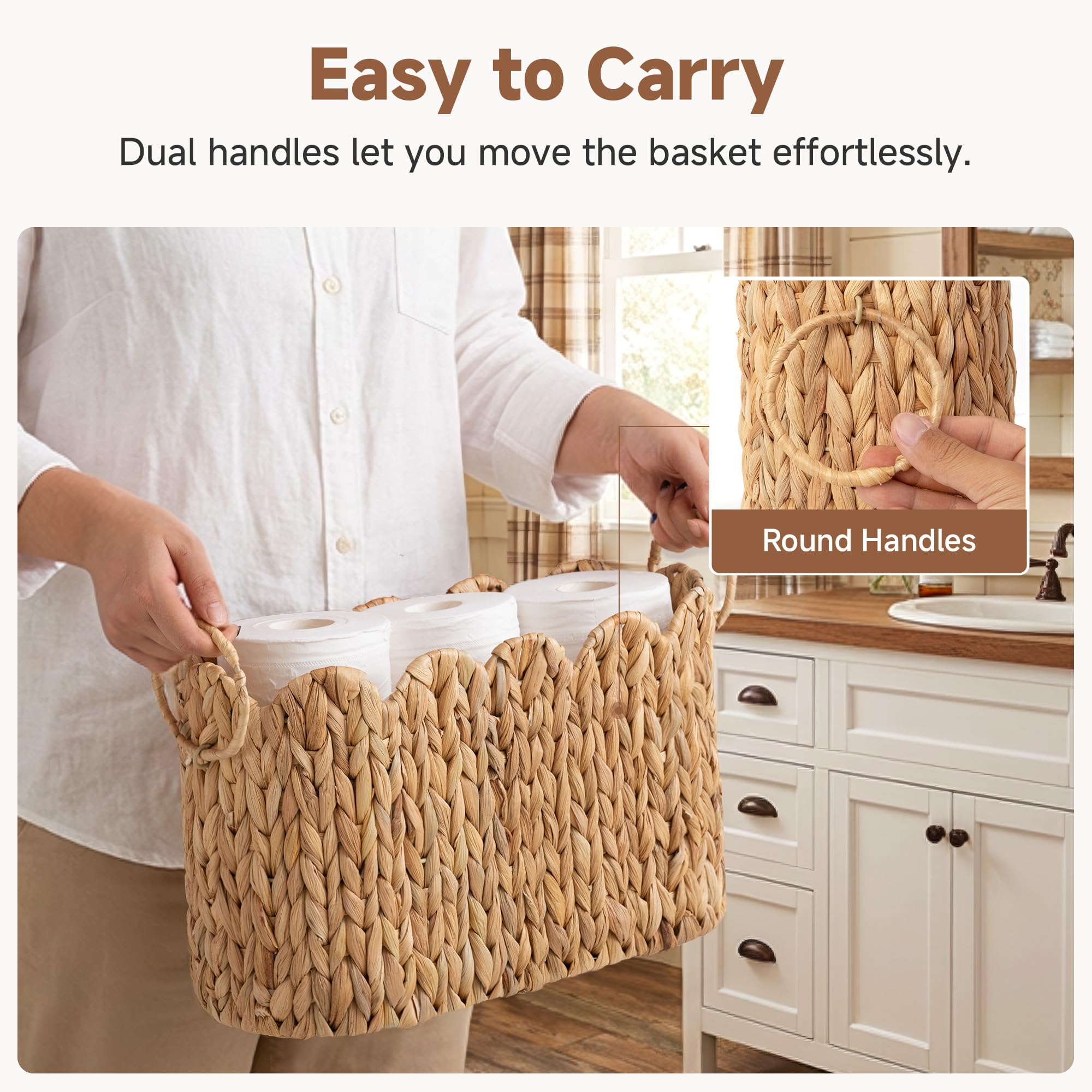 StorageWorks Bathroom Toilet Paper Storage Holder with Lid, Wicker Toilet Paper Basket for 6 Regular Rolls, Slim Basket Organizer with Handles, Water Hyacinth Storage Baskets for Bathroom, Brown