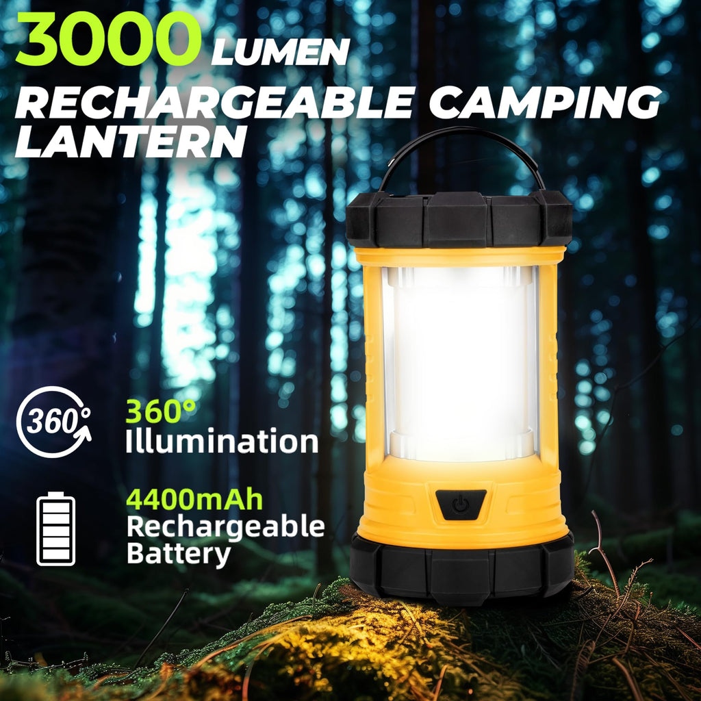 Favourlite Rechargeable Camping Lantern, 3000LM 360° LED Light for Power Outages, 4400mAh with USB-C Emergency Phone Charging, 5 Modes, Water-Resistant Tent Light with Hanging Hooks