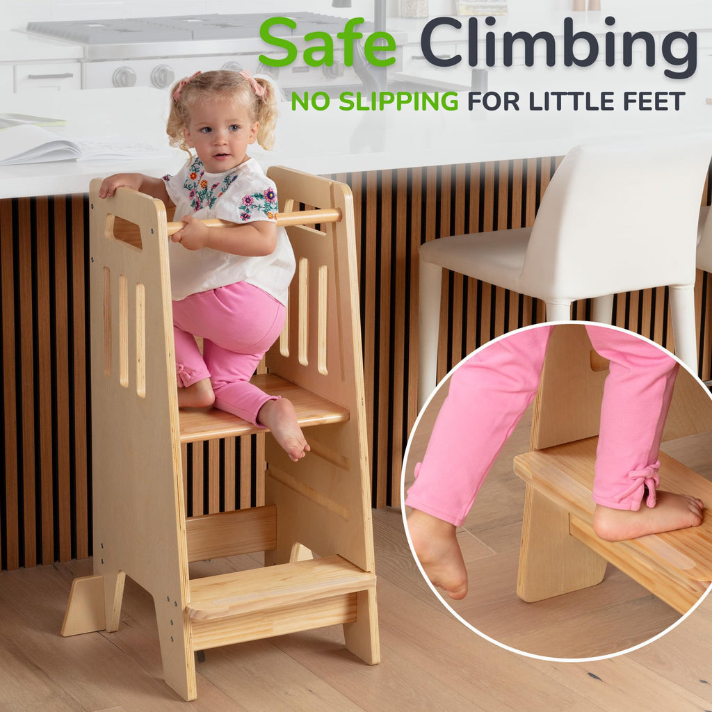 OCODILE Toddler Tower with a Sliding Door and 3 Adjustable Heights - Safe Toddler Kitchen Step Helper with Support Feet - Updated Design for 18+ Months to 6-Year-Old Kids - Gray