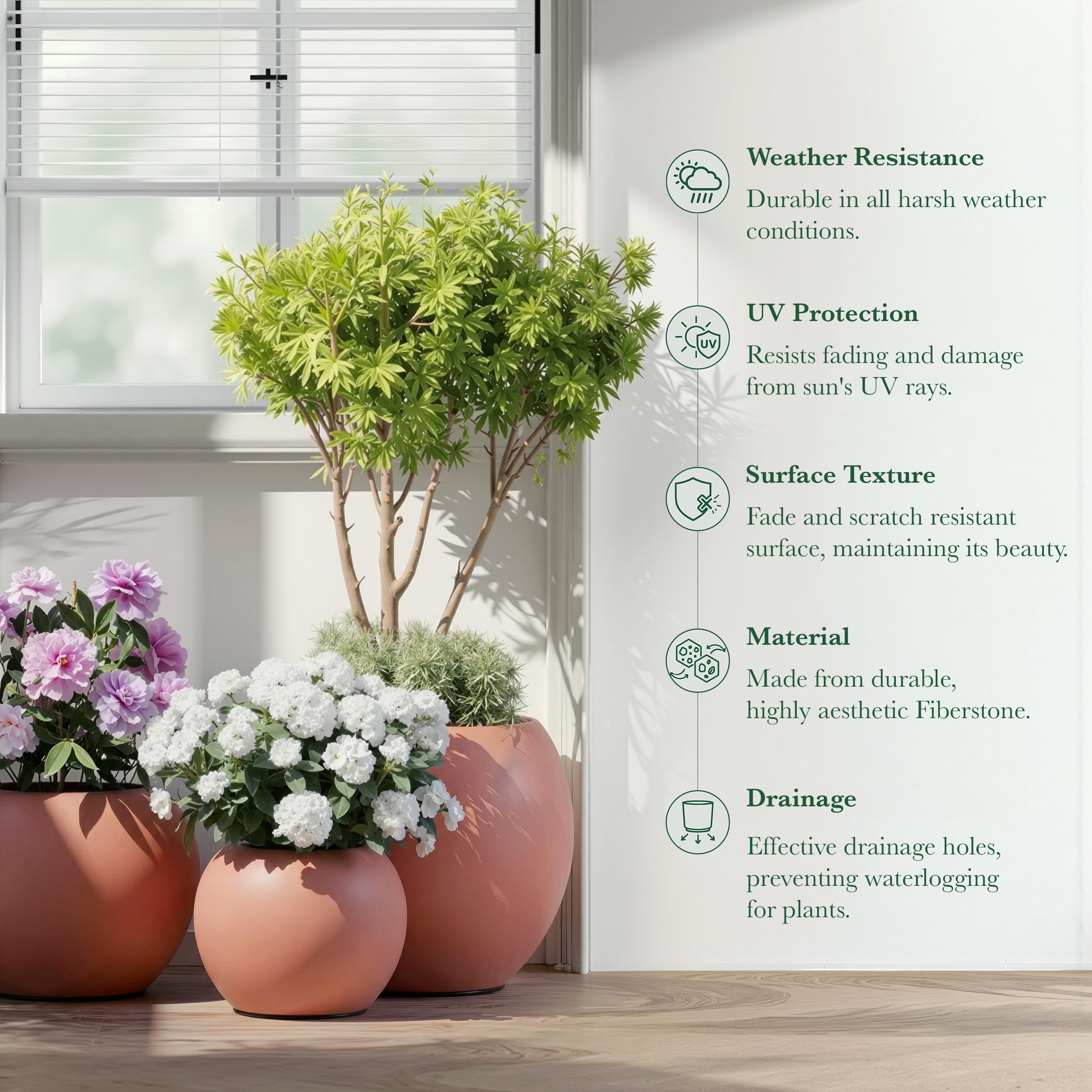 DTY Fiberstone Globe Planter Indoor Outdoor — Lightweight Sphere Ball Pot for Olive Tree, Monstera & Palm | Fiberglass Stone | UV Resistant, Drainage Hole | 2 Coco Mats | Black | 12.6" D × 10" H