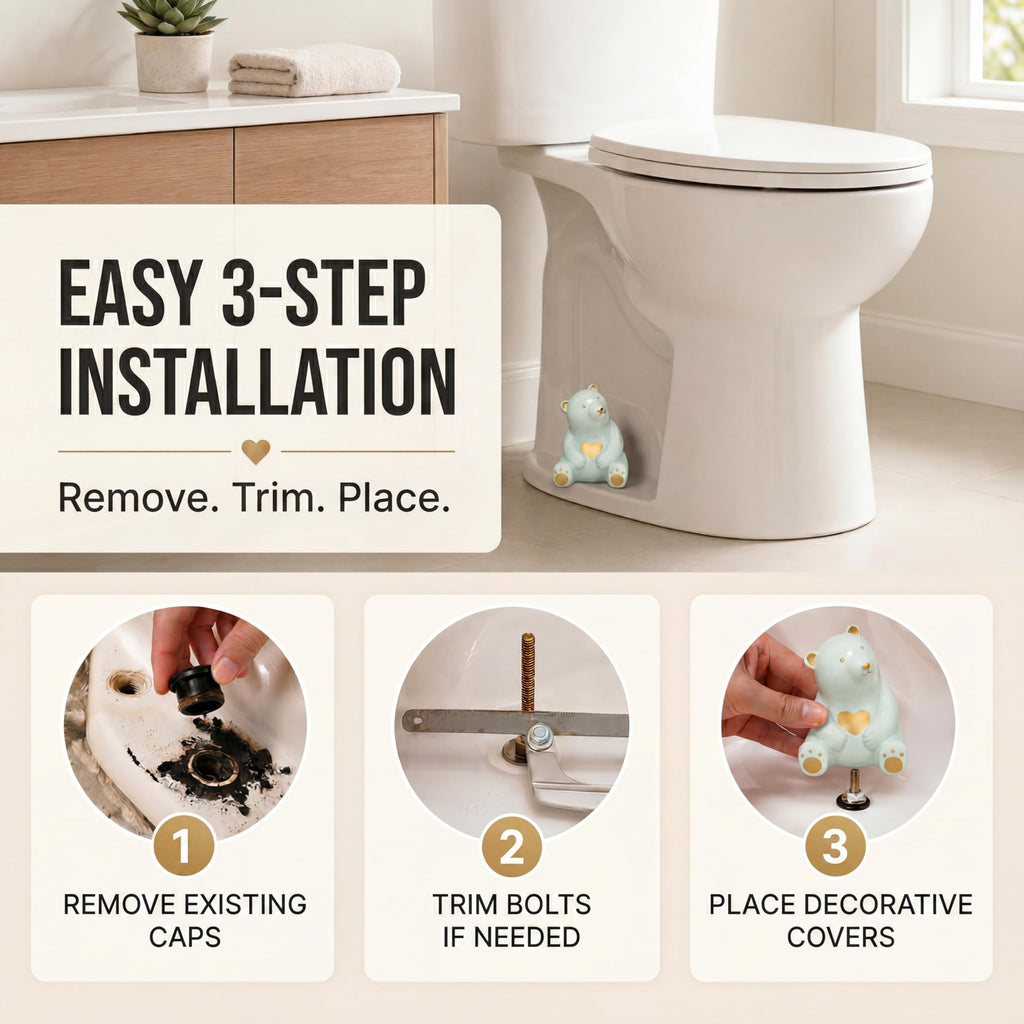 MENNTY Black Polar Bear Toilet Bolt Covers Decorative - 2 Glossy Black Ceramic Toilet Bolt Caps + 4 Universal Toilet Caps for Bottom of Toilet, Modern Monochrome Bathroom Decor