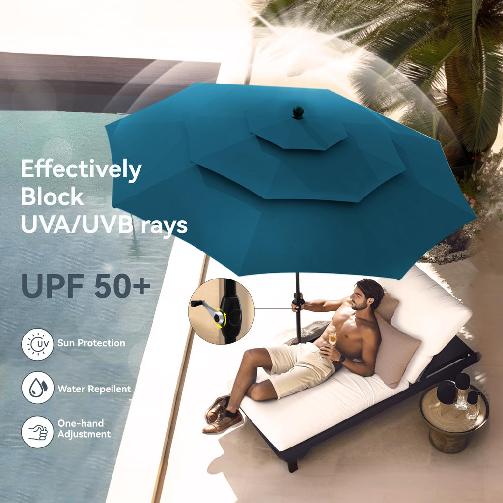 PHI VILLA 10ft Patio Umbrellas, Outdoor 3 Tier Vented Large Market Table Umbrella with 8 Sturdy Ribs and 1.5" Umbrellla Pole for Lawn Poolside Garden Terrace, Beige(No Base)