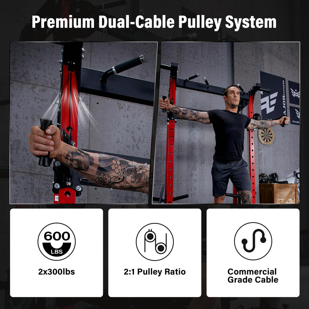 MAJOR FITNESS F22 Power Rack, 1600lbs All-in-One Squat Rack with Dual Pulley System, Heavy-Duty Steel Frame, Attachments & Storage for Home Gym Strength Training