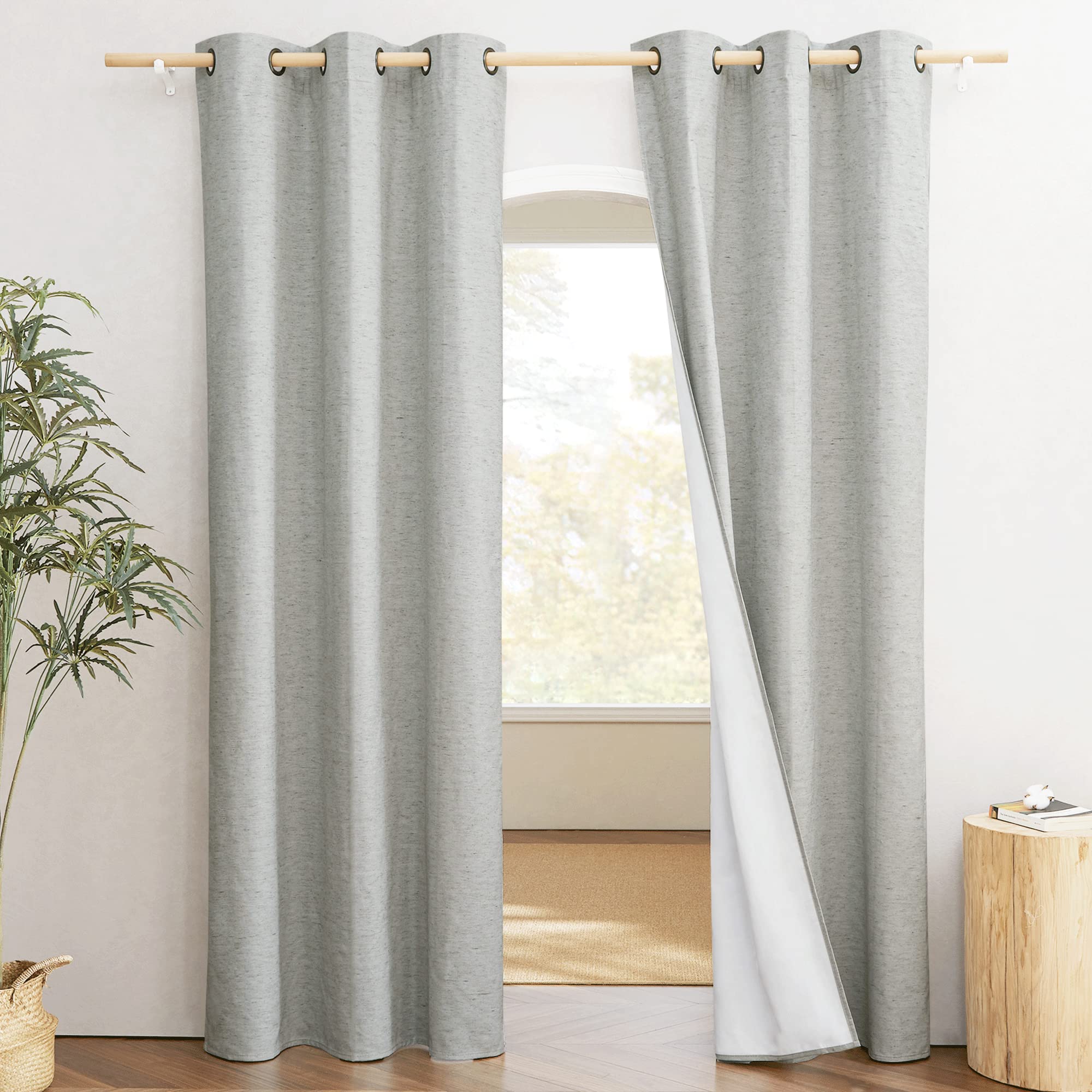 NICETOWN Linen Blackout Curtains for Kitchen, Beige, 2 Panels, 34" Wide x 48" Long, Short Kitchen Burlap Linen 100% Blackout Drape Panels for Night Shift, Great Job for Blocking Light