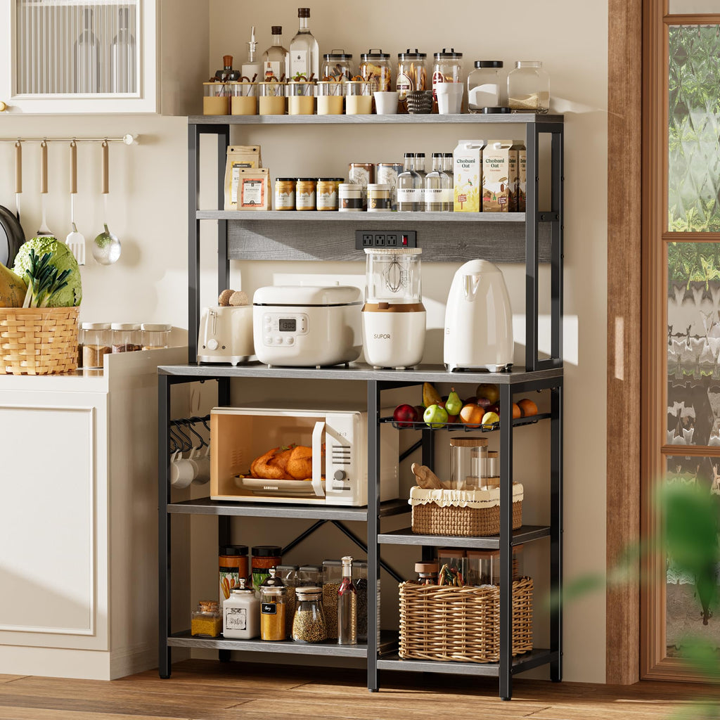 SUPERJARE Bakers Rack with Power Outlet, 35.4 Inches Coffee Bar with Wire Basket, Kitchen Microwave Stand with 6 S-Shaped Hooks, Open Storage Shelves, Black