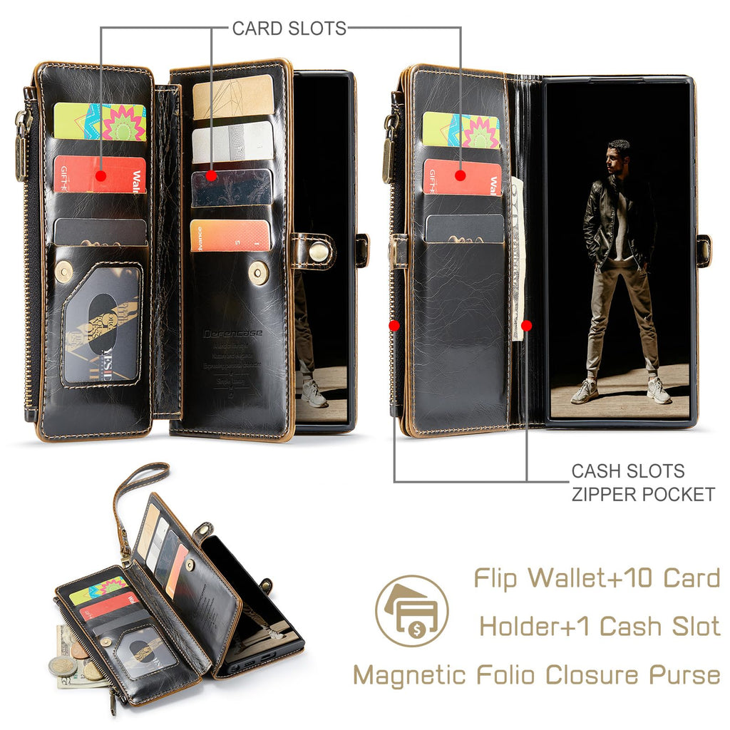 Defencase for Samsung Galaxy S25 Ultra Magnetic Wallet Case Compatible with Magsafe with RFID Blocking Zipper & Card Holder Women, PU Leather Detachable Phone Case for Galaxy S25 Ultra 6.9", Black