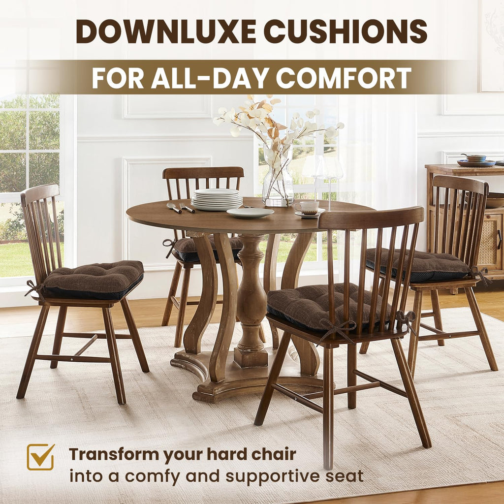 downluxe Indoor Chair Cushions for Dining Chairs, Tufted Overstuffed Textured Kitchen Chair Pads with Ties and Non-Slip Backing, 15.5" x 15.5" x 4", Aqua Blue, 4 Pack