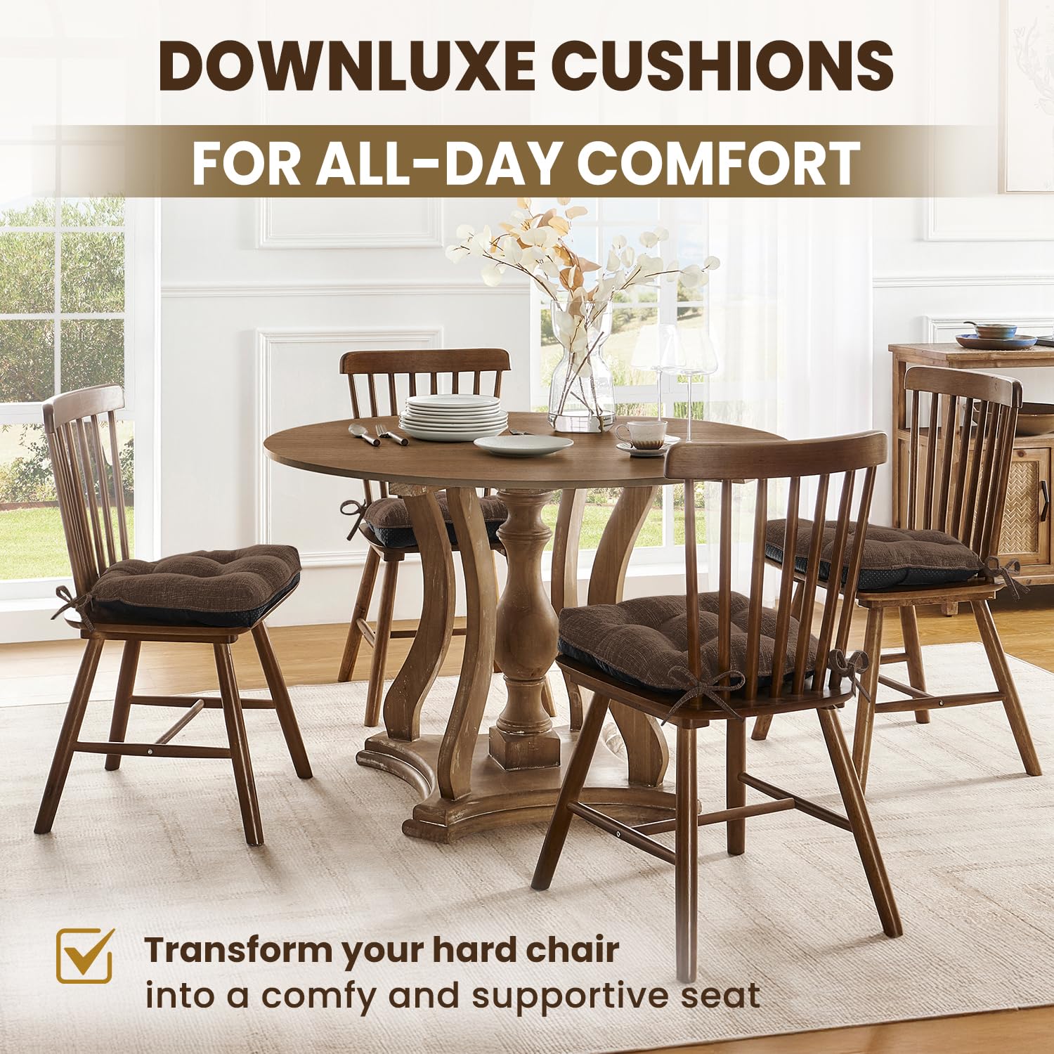 downluxe Indoor Chair Cushions for Dining Chairs, Tufted Overstuffed Textured Kitchen Chair Pads with Ties and Non-Slip Backing, 15.5" x 15.5" x 4", Aqua Blue, 4 Pack