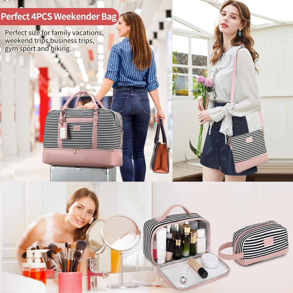 Wogarl 4PCS Weekender Bags for Women Large Overnight Weekend Travel Duffel Carry on Shoulder with Shoe Compartment Canvas Toiletry Bag for Travel Business Gym