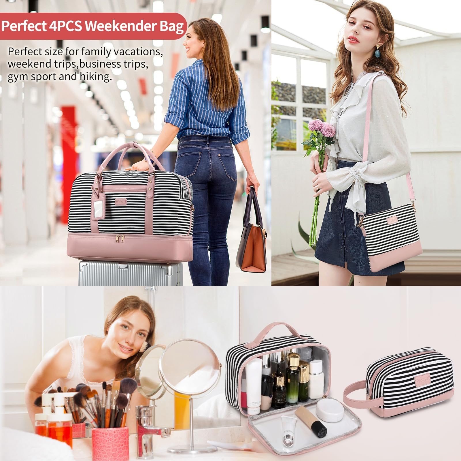 Wogarl 4PCS Weekender Bags for Women Large Overnight Weekend Travel Duffel Carry on Shoulder with Shoe Compartment Canvas Toiletry Bag for Travel Business Gym