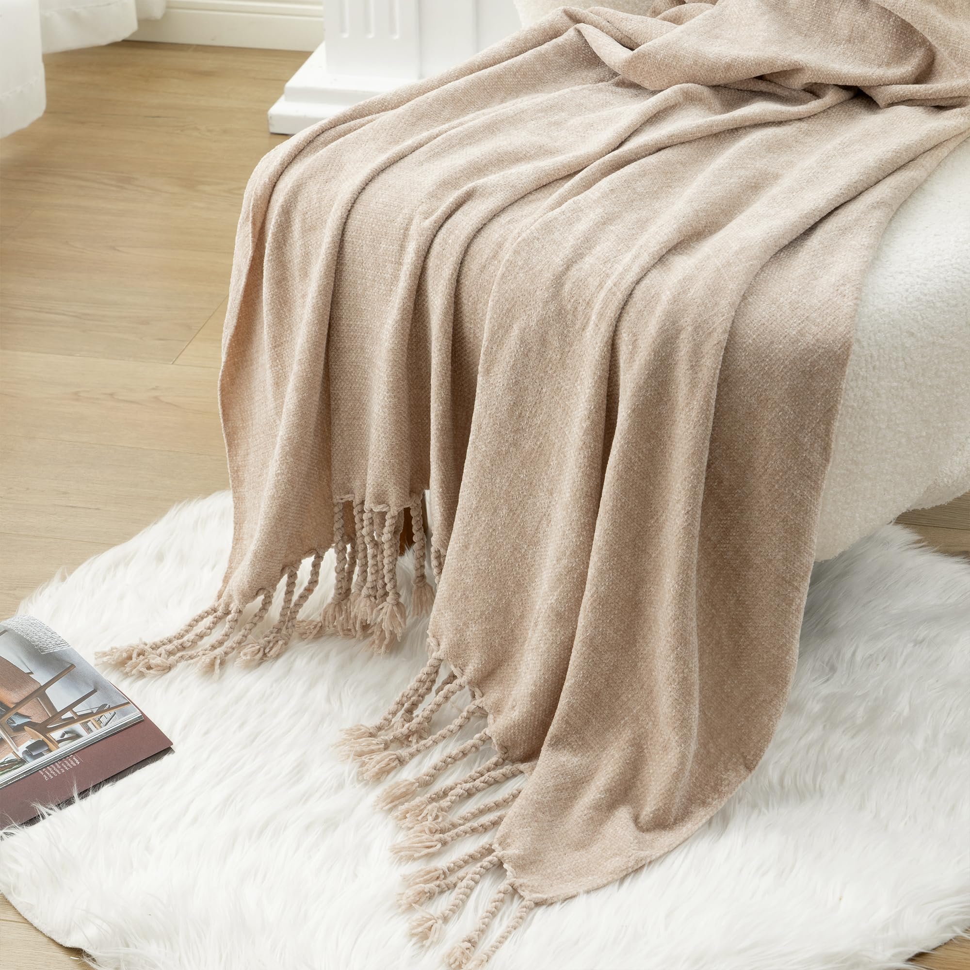 BATTILO HOME Beige Chenille Throw Blanket for Couch, Soft Cozy Textured Knit Throw Blanket with Handmade Fringe Tassels, Lightweight Decorative Farmhouse Blanket for Sofa Bed Chair, 50"x60"