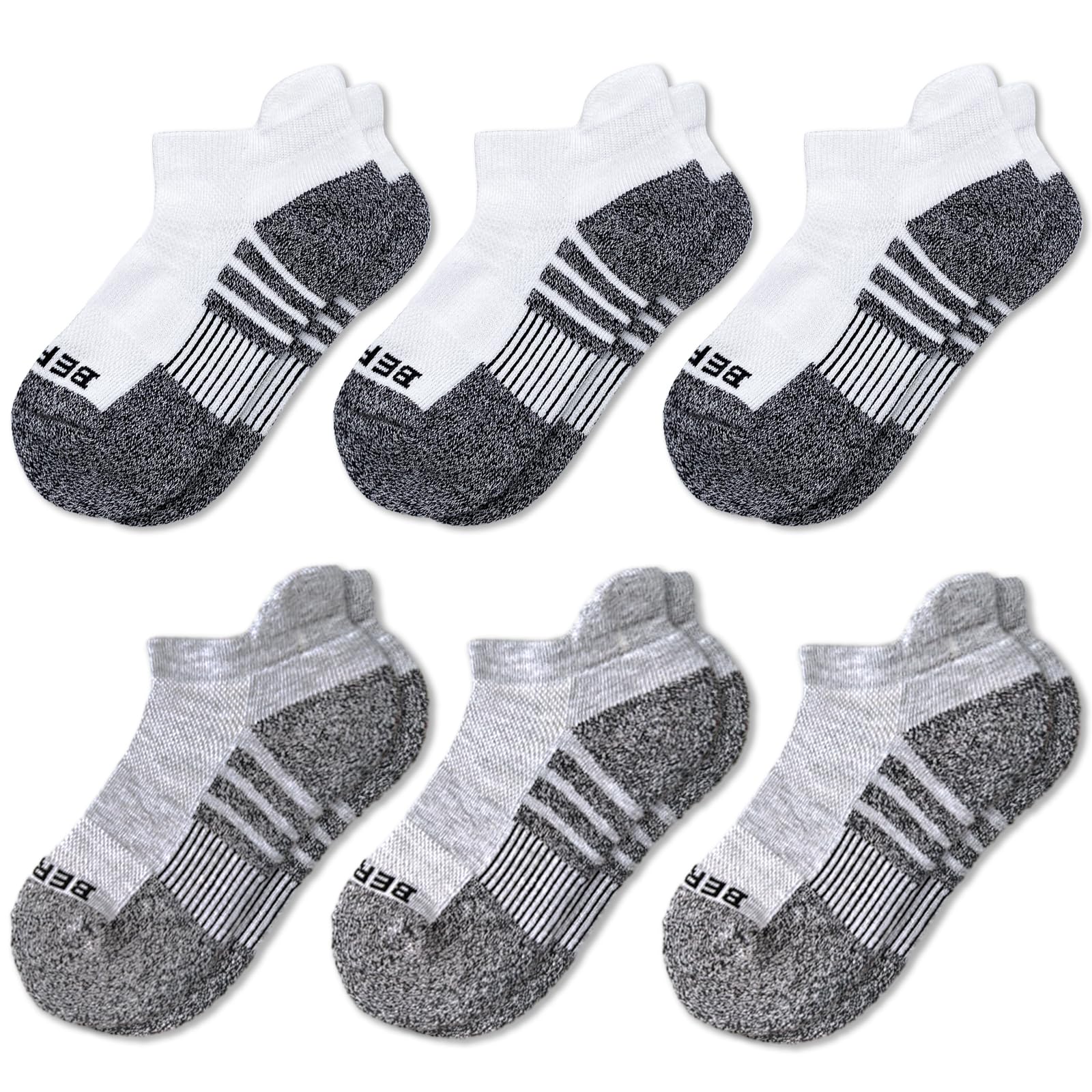 BERING Kids' Athletic Cushion Ankle Socks 6 Pairs Low Cut Heel Tab for Youth Big Boys Girls