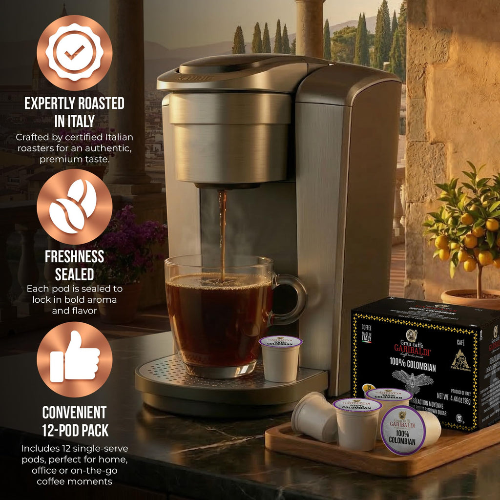 Caffè Garibaldi Colombian Coffee Pods, for Keurig K-Cup Brewers, Single Serve Cups with 100% Arabica Blend for Coffee Makers, 12 Count Recyclable Pods - Medium Roast