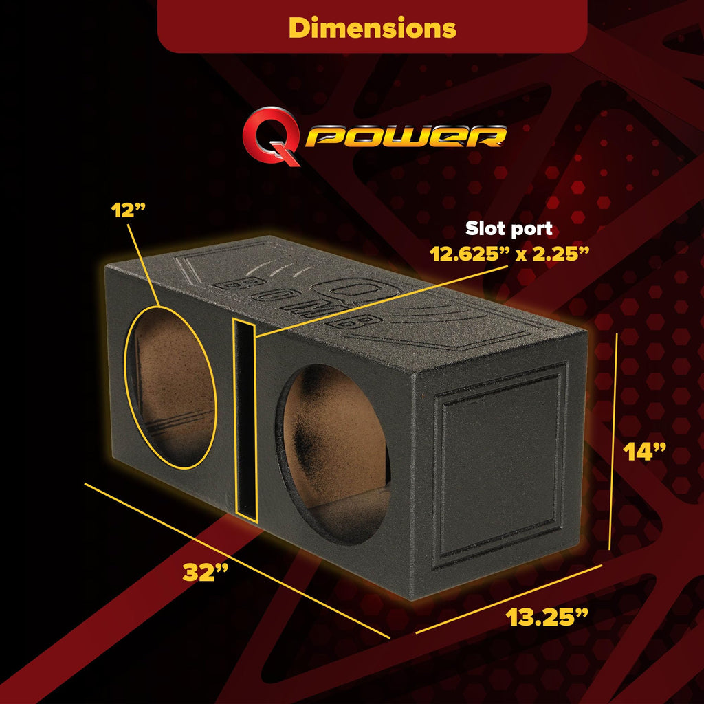 QPower 12 Inch Dual Subwoofer Box, High-Performance Vented Speaker Enclosure, Black - Car Audio and Sound System Accessories - Portable Equipment for Subwoofers