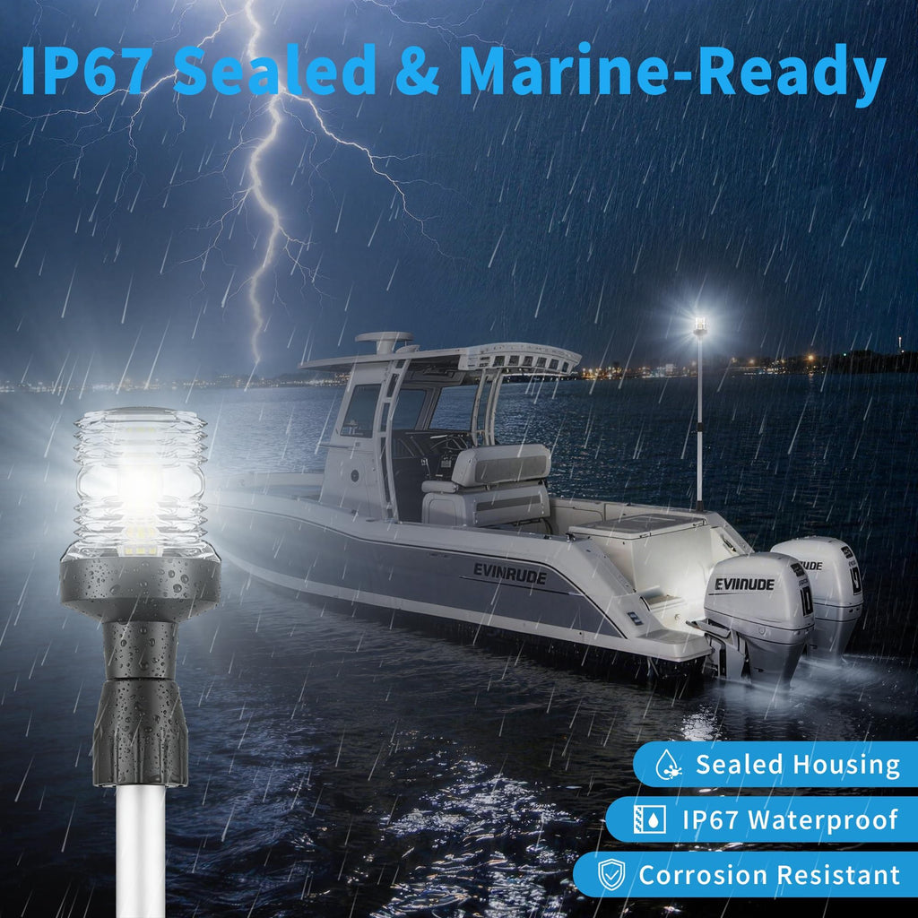 Obcursco Boat Stern Lights, Telescoping Pole 27"-48" LED Anchor Light with Base, 12V Adjustable 3NM 360° Navigation Lighting for Pontoon, Yacht, Bass, and Fishing Boats (27"-48", Black)