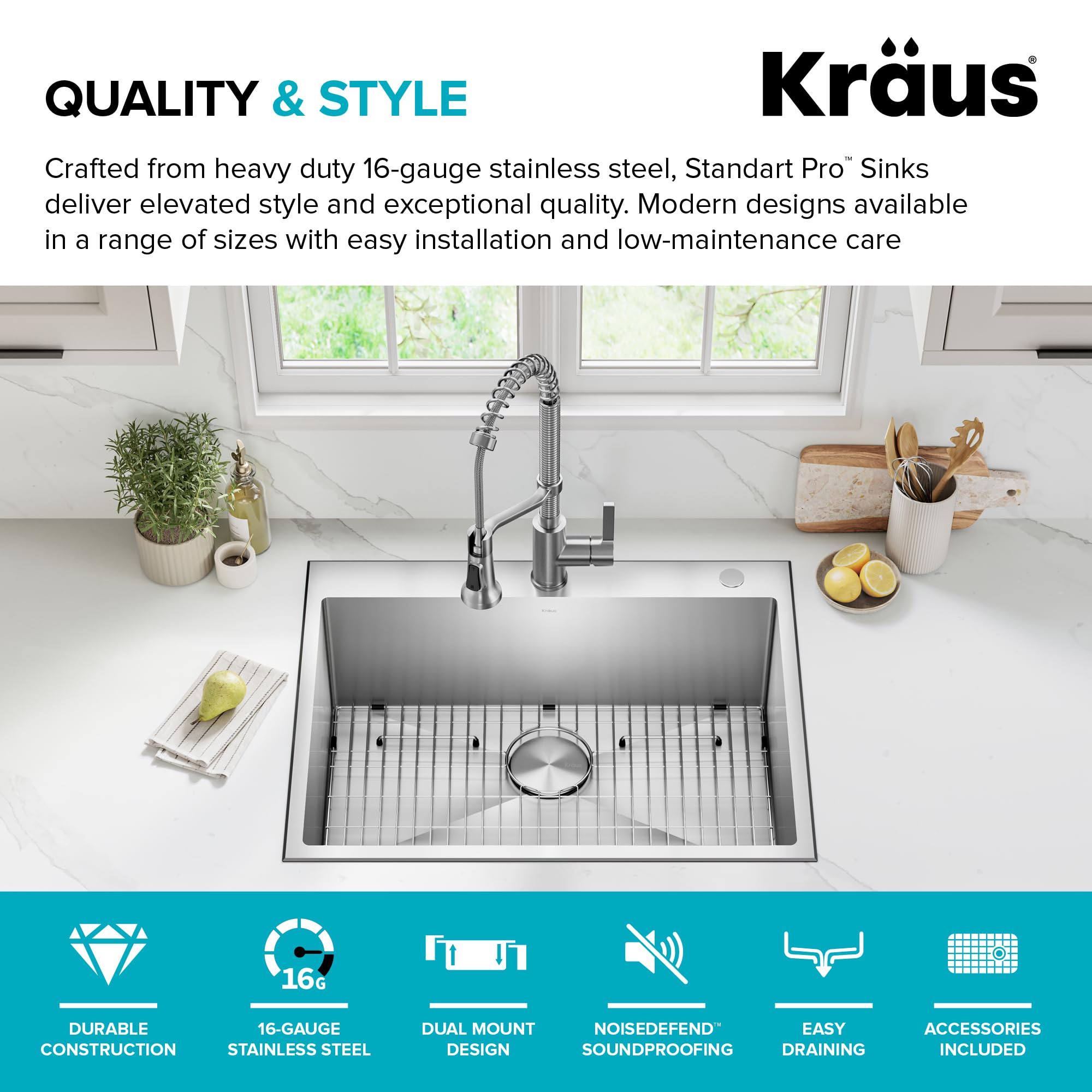 KRAUS Standart PRO™ 32-inch 16 Gauge Undermount 60/40 Double Bowl Stainless Steel Kitchen Combo with WasteGuard™ Continuous Feed Garbage Disposal, KHU103-32-100-75MB
