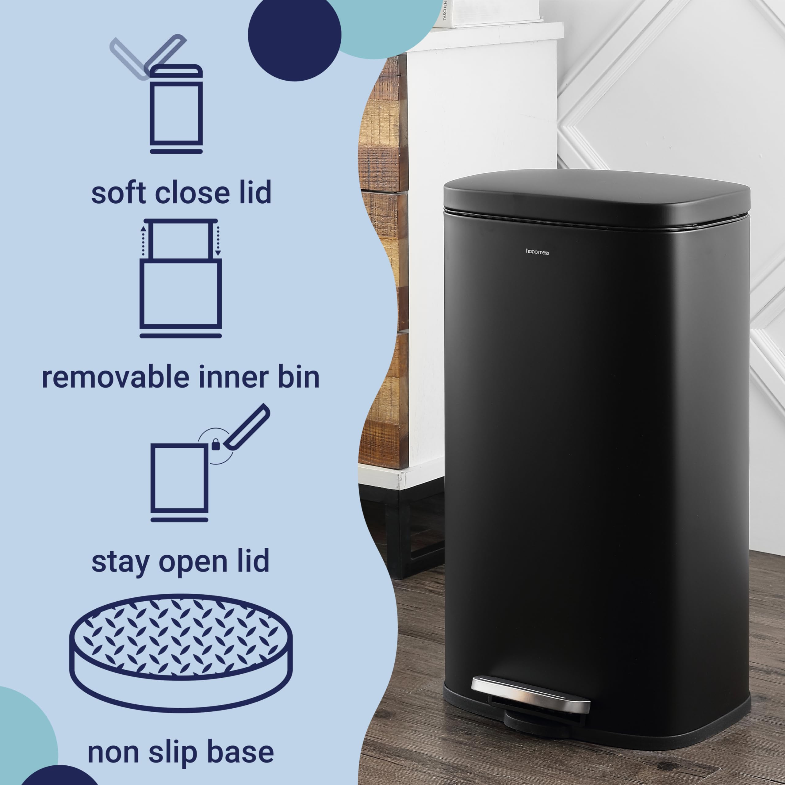 happimess HPM1011B Curtis 8-Gallon Step-Open Trash Can with Soft-Close Lid, Modern, Minimalistic, Fingerprint Proof for Home, Kitchen, Laundry Room, Office, Bedroom, Bathroom, Black