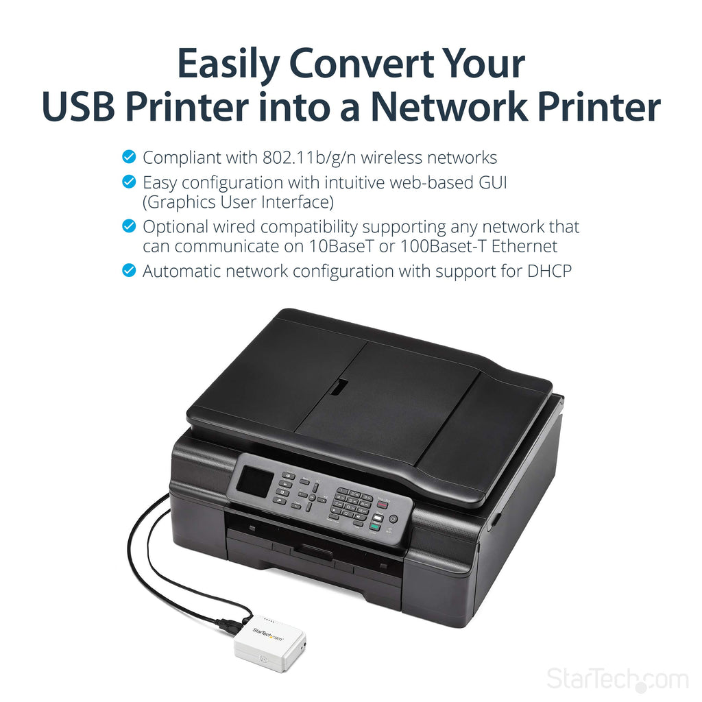 StarTech 1-Port USB 2.0 Network Print Server, 10/100 Mbps Auto-sensing, Wired Ethernet LAN USB Printer Server Adapter, TAA Compliant