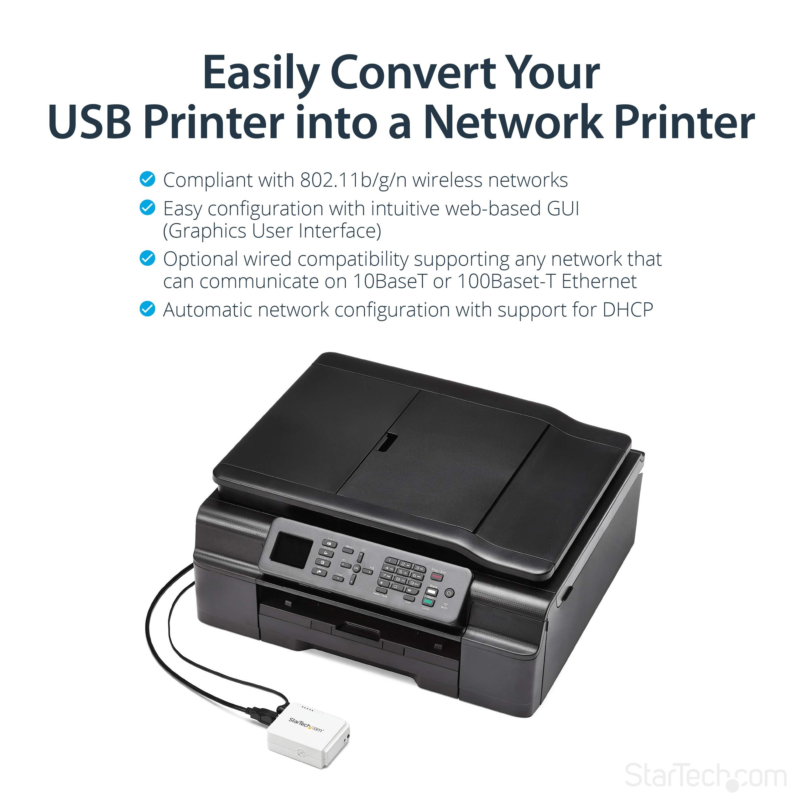 StarTech 1-Port USB 2.0 Network Print Server, 10/100 Mbps Auto-sensing, Wired Ethernet LAN USB Printer Server Adapter, TAA Compliant