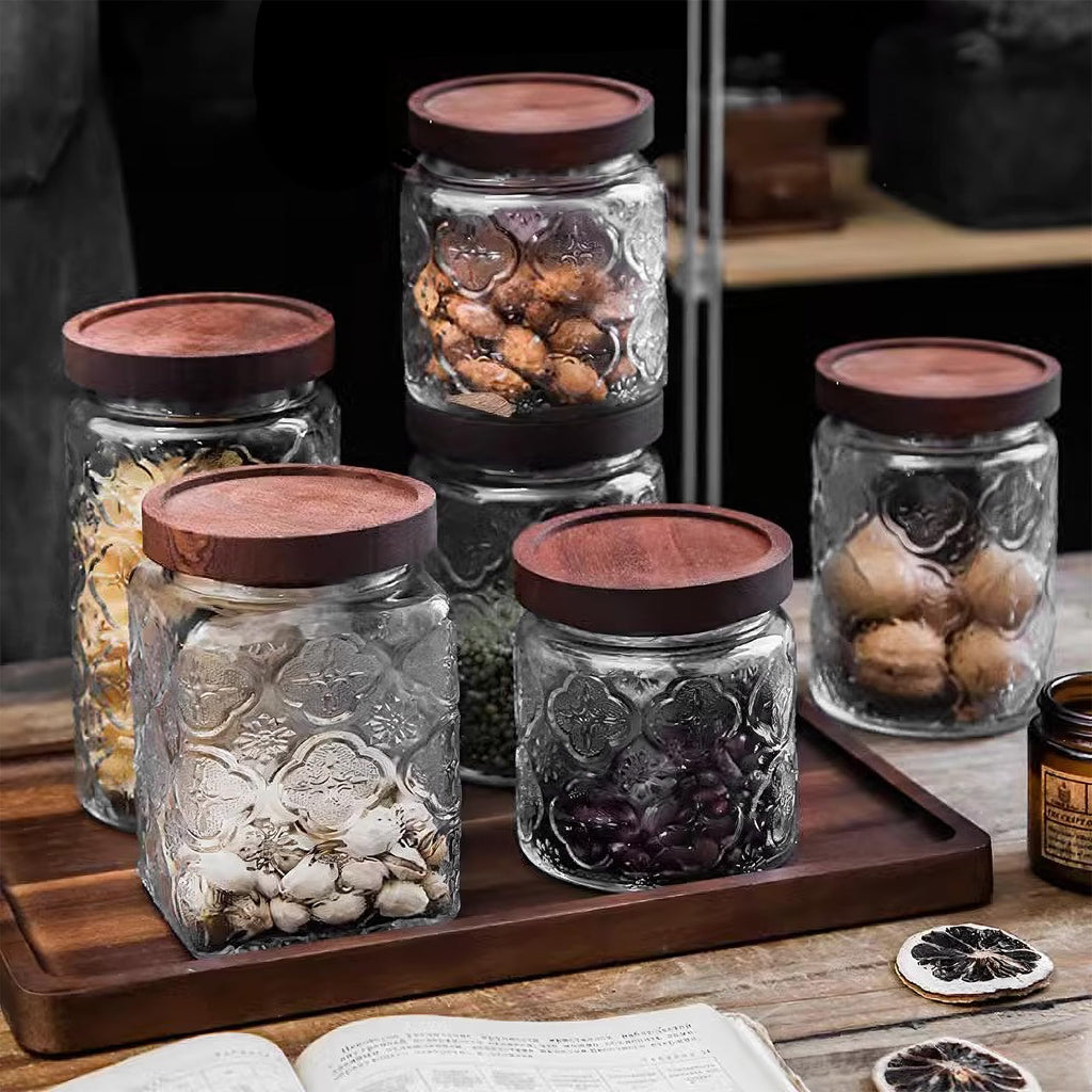 Custde Glass Storage Jars With Airtight Lid, 23.7oz Container For Kitchen Counter with Wooden Lid, brown sugar, candy, coffee, cookie, salt, tea, cute Jar (35oz Large Begonia Flowers)