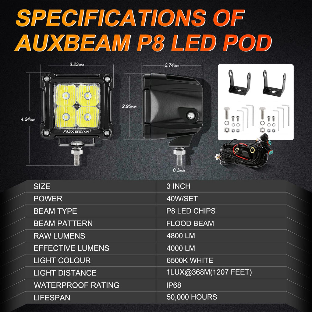 Auxbeam FA Series 3 Inch LED Cubes with DRL 2 Modes Spot Beam Offroad Lights 20W Driving Spotlights A-Pillar Ditch Lights for 4x4 Truck Car ATV Motorcycle, Pair